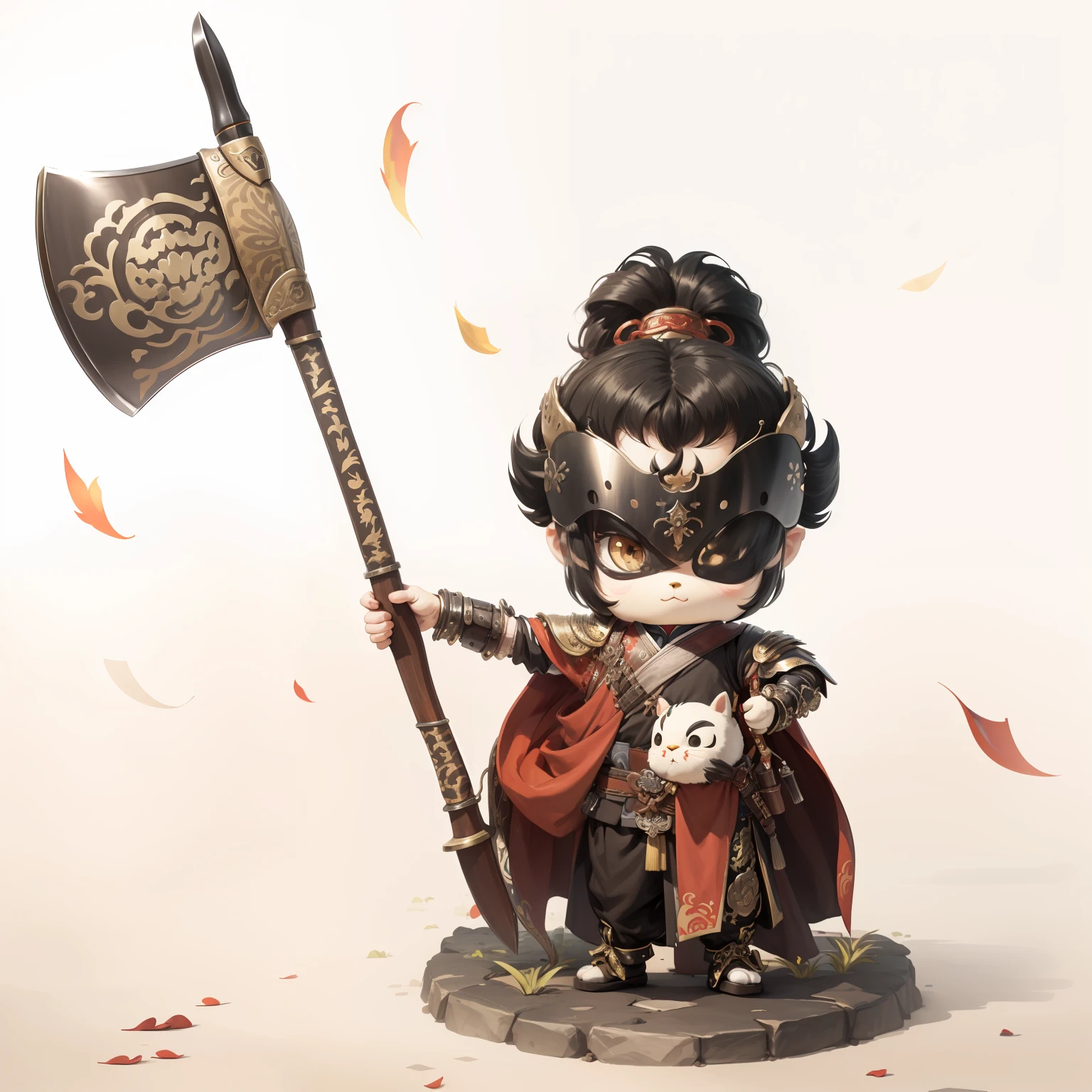 male people，Male characters，tchibi，Bad，Arms，Axe weapons，Ancient Chinese weapons，The handle has a delicate pattern，Shoulder blades，metal breastplate，chainmail，Animal pattern cuirass，chest plate，Bracers，Flowing hem，China-style，Chinese-style clothing，Chinese shoes，There are beautiful patterns on the weapon grips，Refinement，Fine painting，Refinement，infinite details，high definition detail，Patterned，Pattern，Blank background，Bright colors，Metal edging