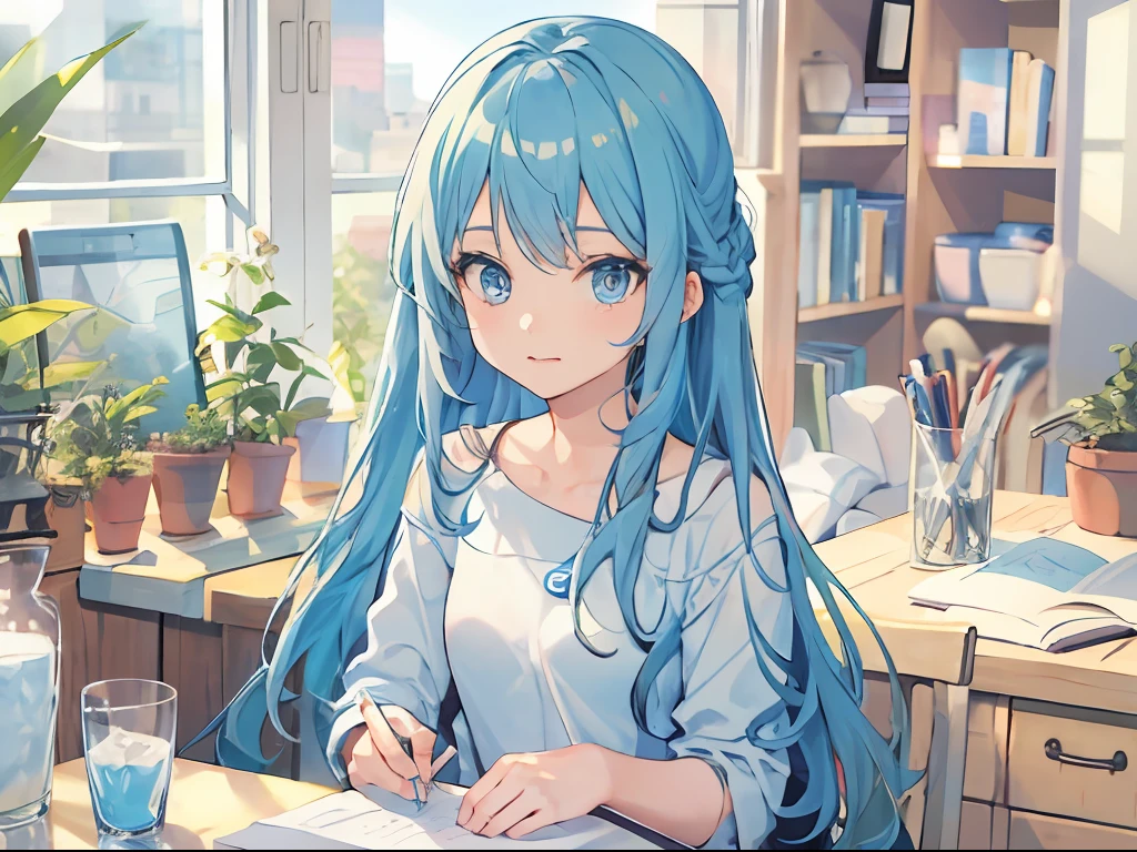 Best quality, tmasterpiece, A 12-year-old girl,Long blue hair and blue eyes,Sit at your desk,Thinking,There was a glass of milk on the desk,Facial features HD