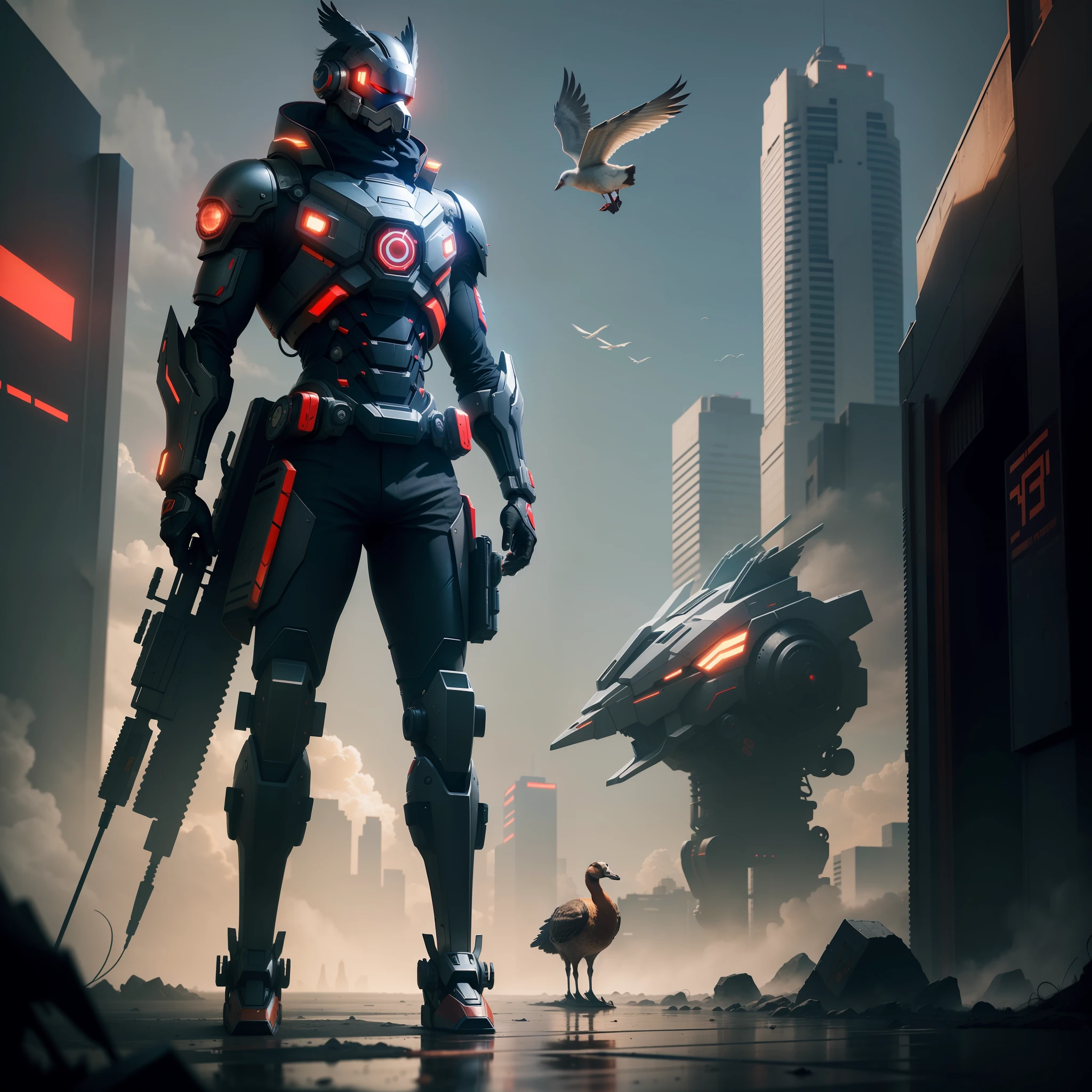 A handsome goose with a mecha sense flying in the sky
