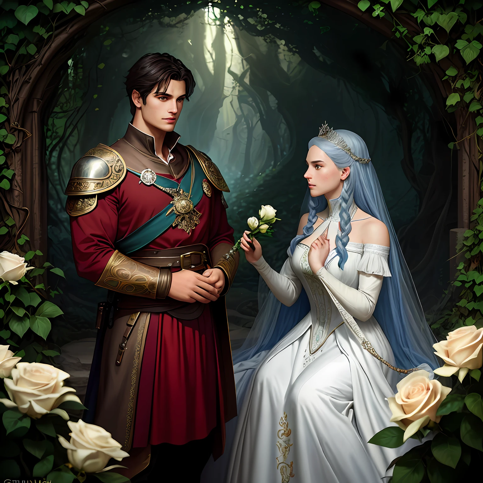 Casal se beija com muito carinho, Neels Visser is a prince who has black hair, wears a medieval military outfit and is in love with the commoner Emilia Clarke, que tem cabelo branco luar encaracolado claro e usa um vestido vermelho, Illustration of a novel book cover with a detailed background, liso, bright full of ivy-covered flowers and red roses with a dragon protecting them, Ornate dress standing on a bed of roses, luz de aro, dynamic lighting, etherial lighting, ultra detalhe, arte conceitual, elegante, surreal, arte de Lisa Aisato, Greg Hildebrandt, Citemer Liu, Stjepan Sejic, Samyang, Aykut Aydogdu, Justin Gerard, Alphonse Mucha, Artgerm, WLOP e Greg Rutkowski