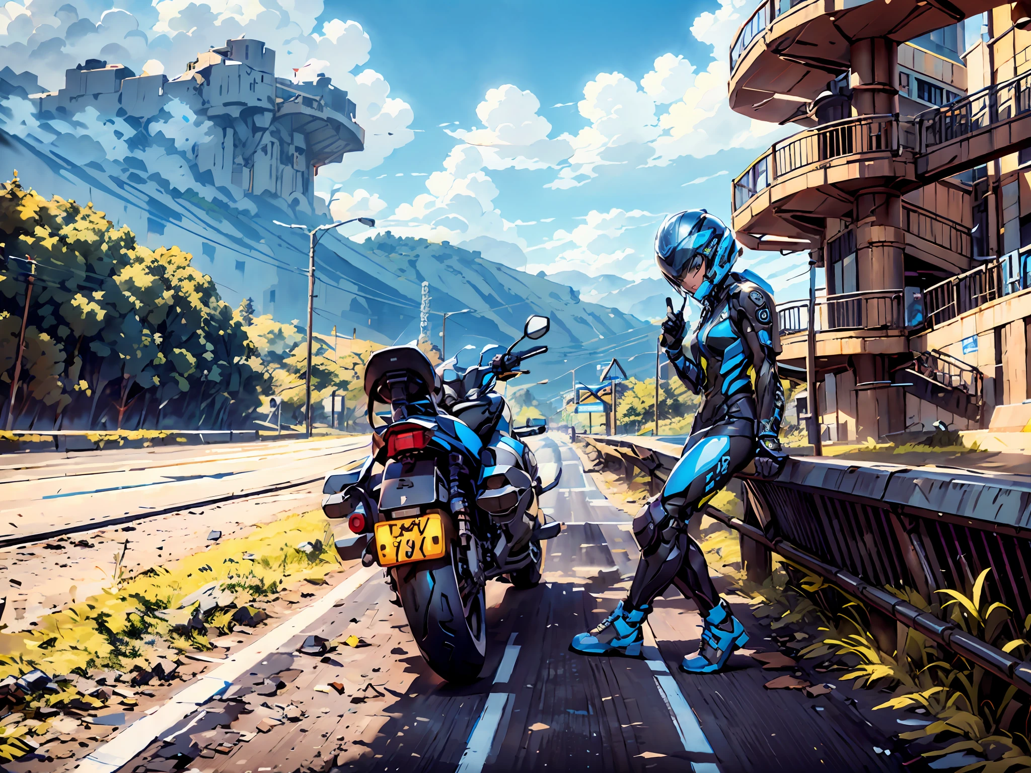 A locomotive in motion,On the road,Sporty,blue-sky,Motorcycle goddess,Wearing a motorcycle suit,Tech Style,Bring a helmet,Black and white body,Fluorescent yellow embellishment