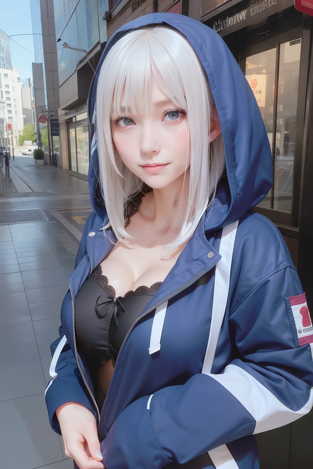 1girl in, Large breasts,stitched face, patchwork skin, Closed mouth, long_hair, lightsmile,city,Street, White hair, ,stitched_Face,Patchwork_skin,Cowboy Shot,( Hoodie),(hands on pockets),