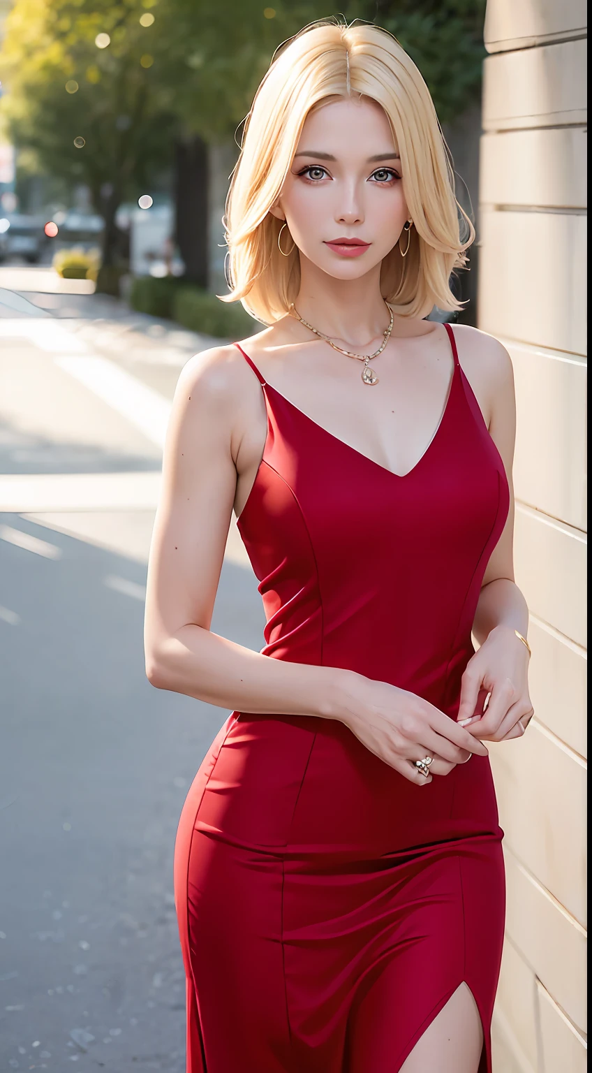 European and American mature women, A fashion model, Wearing a red dress dress, Glamour, paparazzi taking pictures of her, Blonde hair, Brown eyes, 8K, High quality, Masterpiece, Best quality, HD, Extremely detailed, voluminetric lighting, Photorealistic