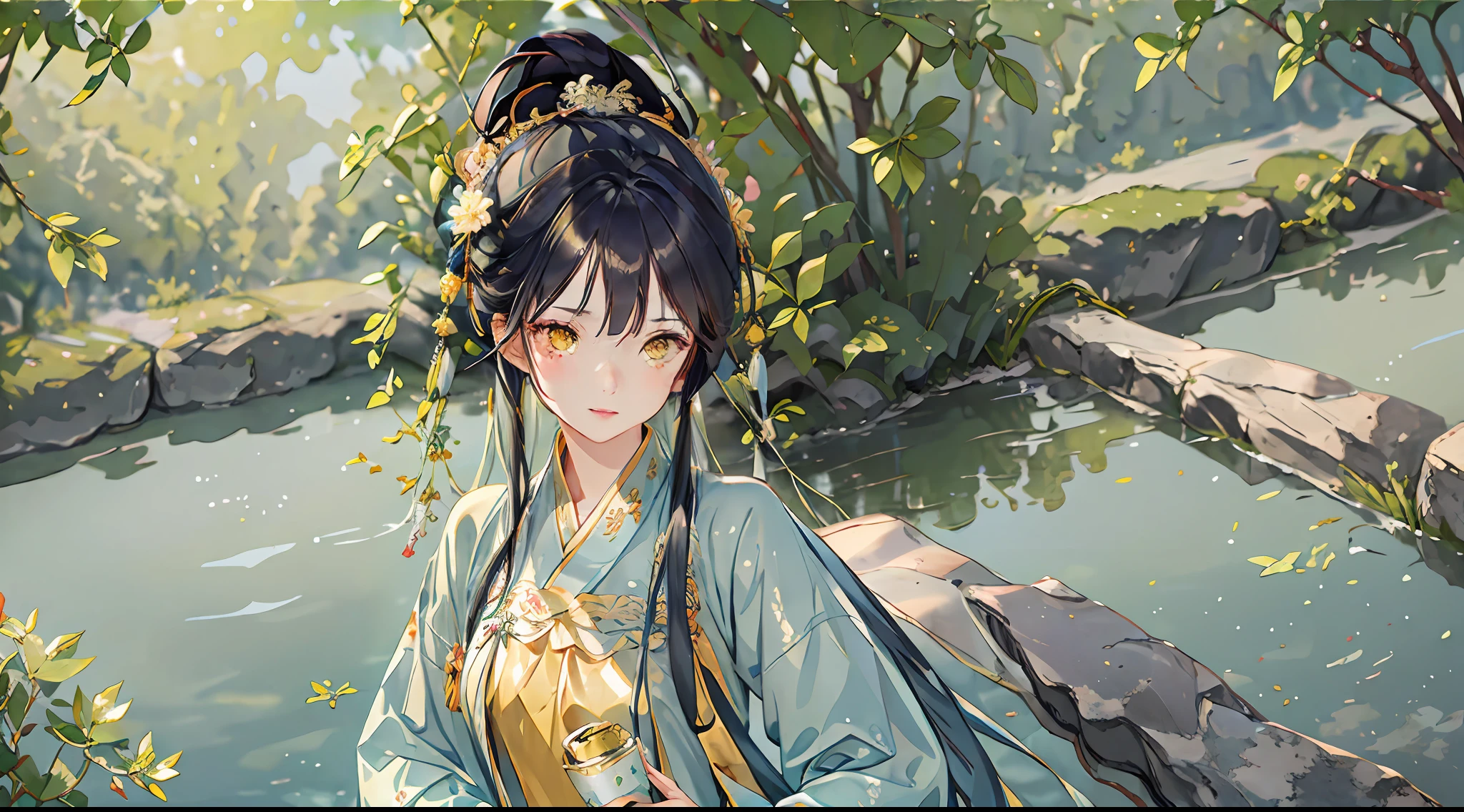 best quality, intricate details, highres,(beautiful detailed water:1.4),(hanfu, tang style),yellow eyes,(1girl in glass jar:1.1),