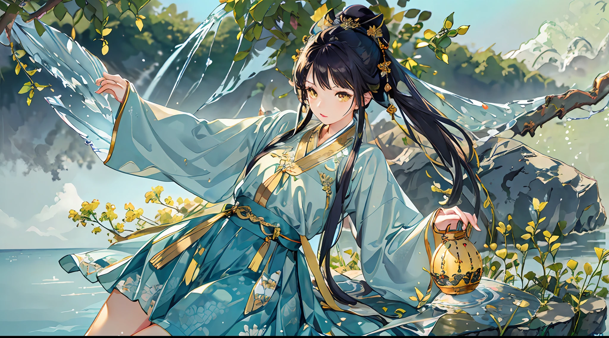 best quality, intricate details, highres,(beautiful detailed water:1.4),(hanfu, tang style),yellow eyes,(1girl in glass jar:1.1),