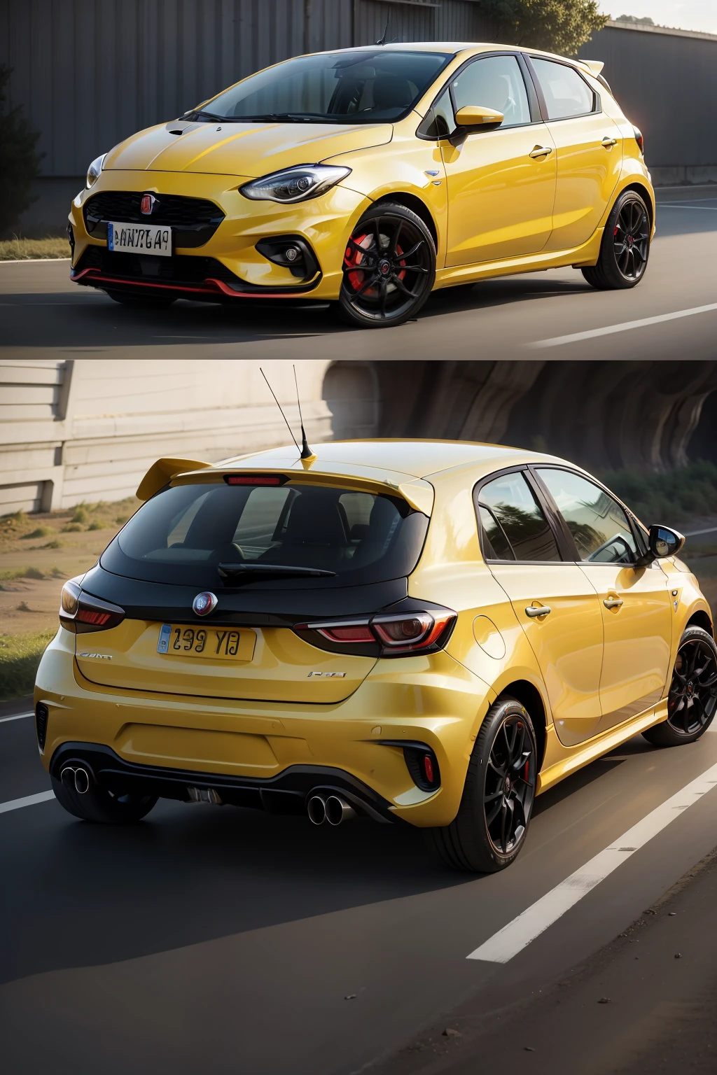 "Carro esportivo Fiat Punto, inspirado no filme Velozes e Furiosos, seen from front and back."