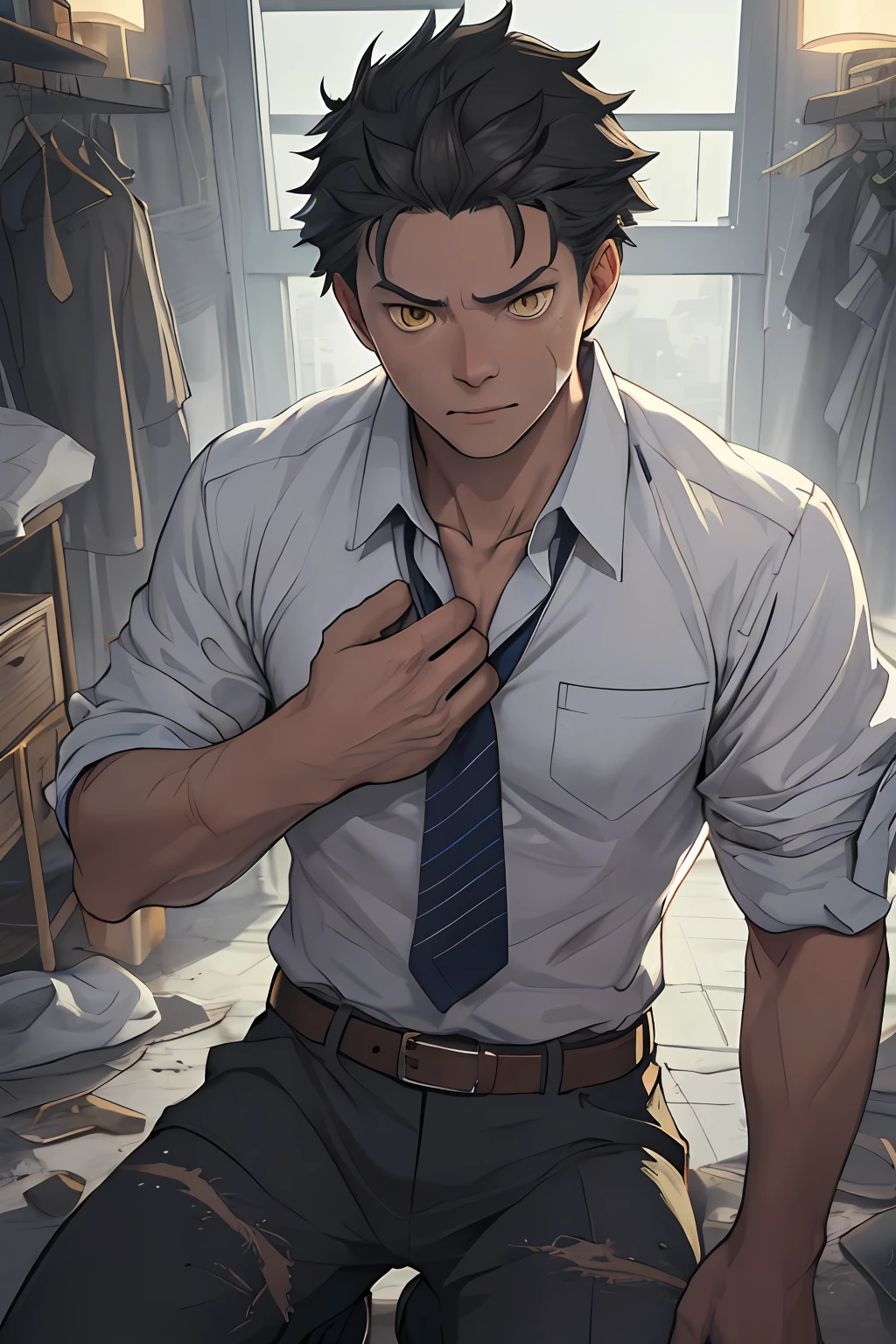 tmasterpiece,best qualityer,illustratio,Realisticstyle,photo realistic style,detail in face,offcial art,Movie lighting,(1 Adult male),A high resolution, Sharp focus, Pixiv masterpiece, ((Complicated details)), highly detailed, natsuki_subaru, 1 man, with her mouth open,full bodyesbian,Kneel,Defeat,wounded,implore,Fawning attitude,decadent,Exhaustion, Broken clothes,Dirty clothes,yellow eyes(eyes glowing), blue short hair,white shirt,Wear a tie,Wear a belt,perspire,look from down