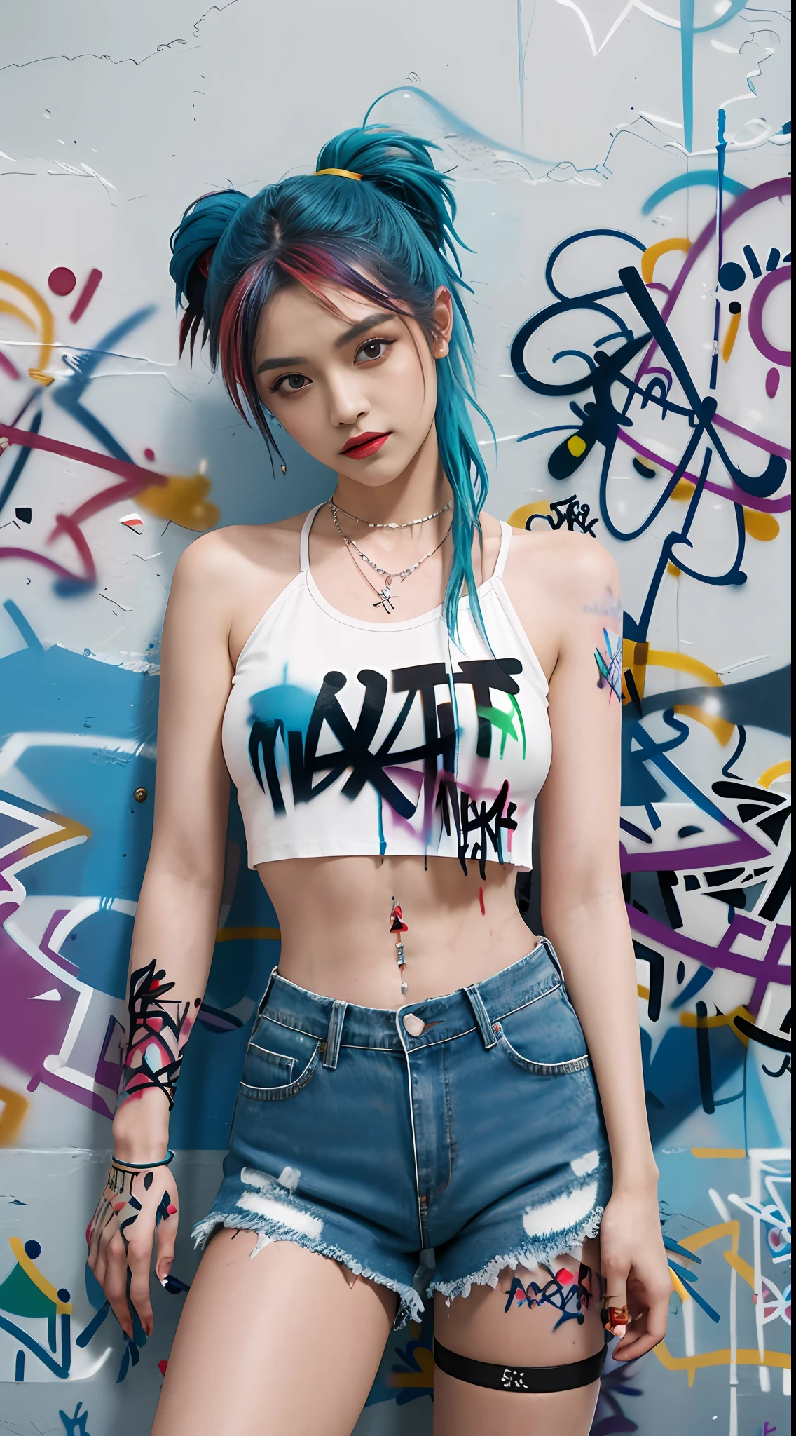 Masterpiece, best quality, realistic, 1 girl, solo, crop top , denim shorts, necklace, (graffiti:1.5), paint splash, behind arm, against a wall, looking at the audience, armbands, thigh straps, paint on body, head tilt, boredom, multicolored hair, aqua eyes,