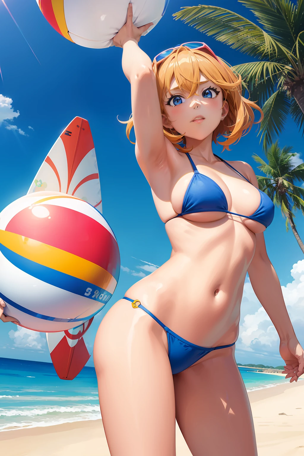 Bikini anime girl with beach ball on the beach, inspired by Tsubasa Nakai, cel - shaded art style, cel shaded anime, Asuka as a surfer model, anime styled」, in the art style of 8 0 s anime, Ecchi anime style, Lori, In anime style, digital anime art!!, anime moe art style, In an anime style