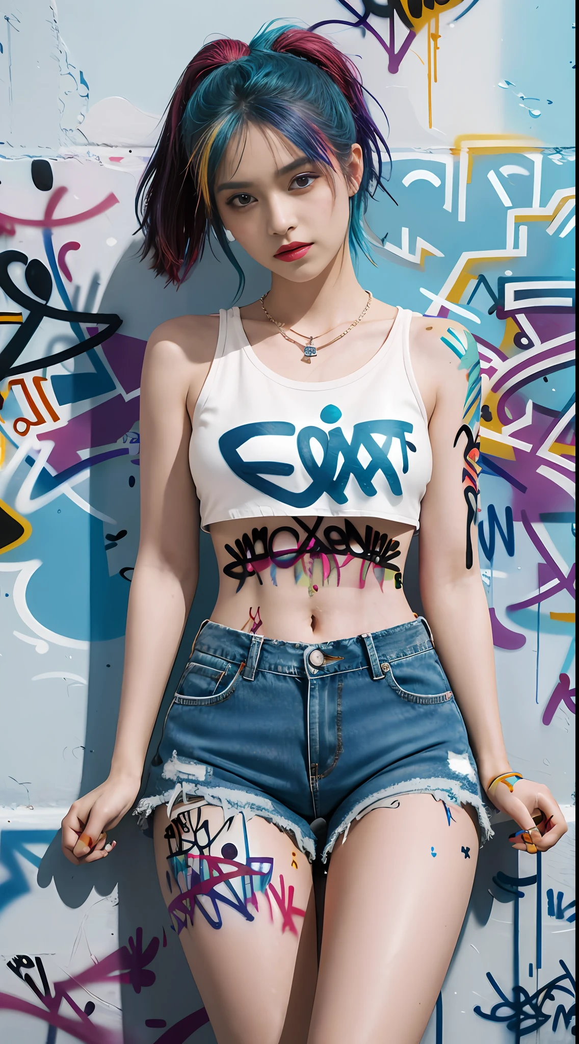 Masterpiece, best quality, realistic, 1 girl, solo, crop top , denim shorts, necklace, (graffiti:1.5), paint splash, behind arm, against a wall, looking at the audience, armbands, thigh straps, paint on body, head tilt, boredom, multicolored hair, aqua eyes,