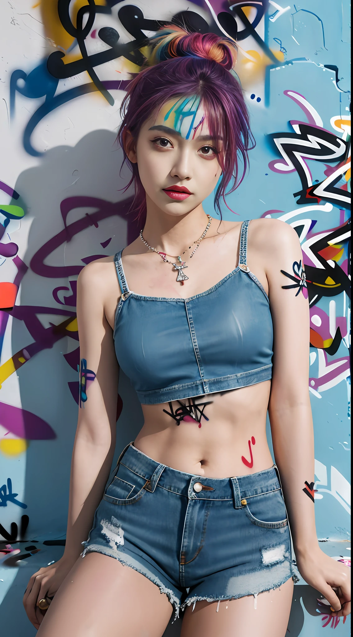 Masterpiece, best quality, realistic, 1 girl, solo, crop top , denim shorts, necklace, (graffiti:1.5), paint splash, behind arm, against a wall, looking at the audience, armbands, thigh straps, paint on body, head tilt, boredom, multicolored hair, aqua eyes,