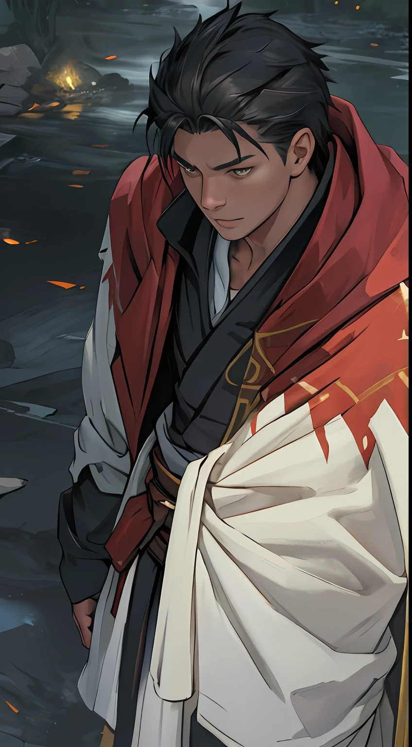 tmasterpiece，best qualityer，illustratio，Realisticstyle，photo realistic style，detail in face，offcial art，Movie lighting，1male people，full bodyesbian，Armour，obi strip，Gaiters，cloaks，Drenched，Get wet， Solo ，Handsome，virile，Handsome，[[[［musculature］，Short hair，Yellow eyes，look from down