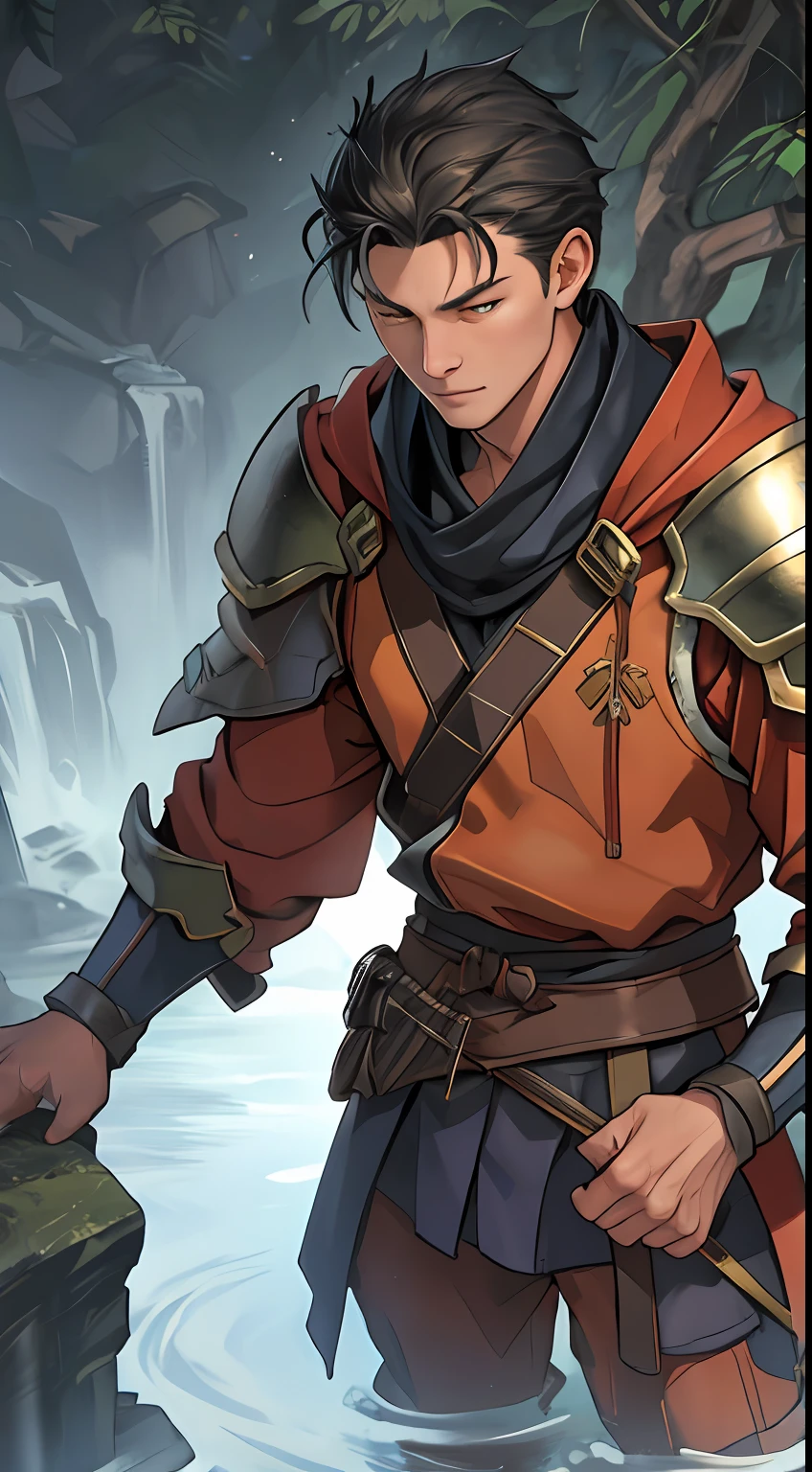 tmasterpiece，best qualityer，illustratio，Realisticstyle，photo realistic style，detail in face，offcial art，Movie lighting，1male people，full bodyesbian，Armour，obi strip，Gaiters，cloaks，Drenched，Get wet， Solo ，Handsome，virile，Handsome，[[[［musculature］，Short hair，Yellow eyes，look from down