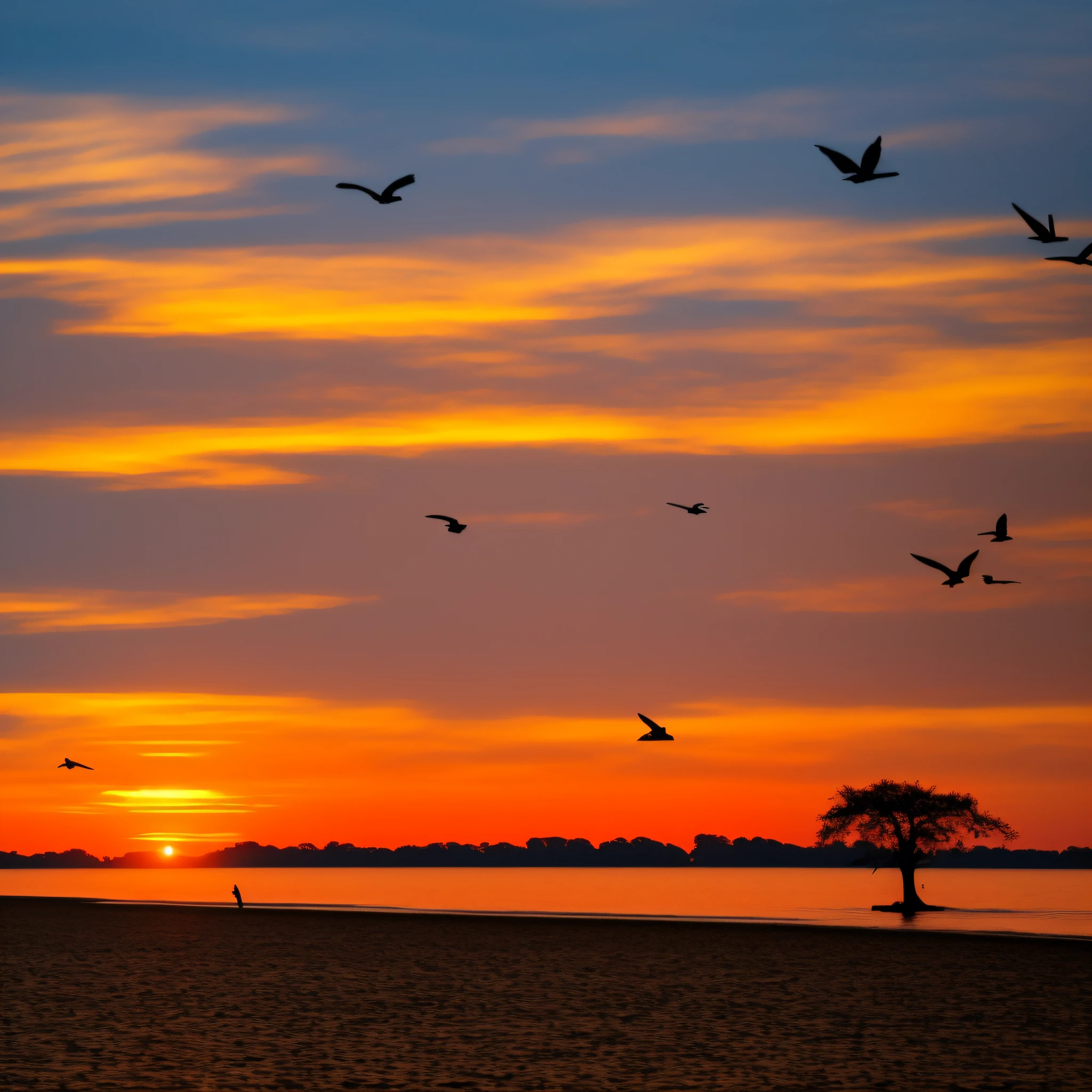 Birds on the water at sunset,Bright orange sky, a picture by Karl Völker, pexels, romanticism lain, the glimmering orange dawn, Early morning sunrise, Morning sunrise, orange sun set, beautiful sunrise, The most beautiful sunset, sunset sinrise, Orange sunset, colours of the sunset, orange dawn, sun at dawn