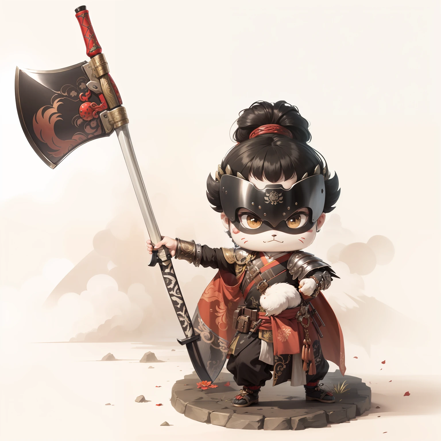 male people，Male characters，tchibi，Bad，Arms，Axe weapons，Ancient Chinese weapons，The handle has a delicate pattern，Shoulder blades，metal breastplate，chainmail，Animal pattern cuirass，chest plate，Bracers，Flowing hem，China-style，Chinese-style clothing，Chinese shoes，There are beautiful patterns on the weapon grips，Refinement，Fine painting，Refinement，infinite details，high definition detail，Patterned，Pattern，Blank background，Bright colors，Metal edging