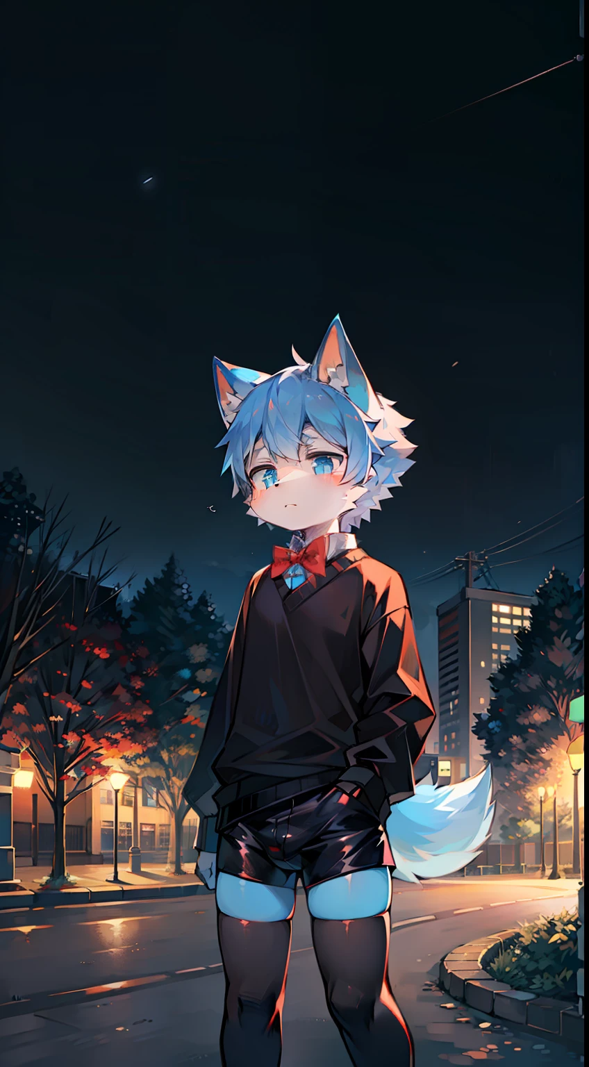 solo, kemono, femboy, light blue hair, blue eyes, wear red bow tie, wear black long sleeve shirt, wear black boxer, wear black stockings, standing side of car, park background, night time