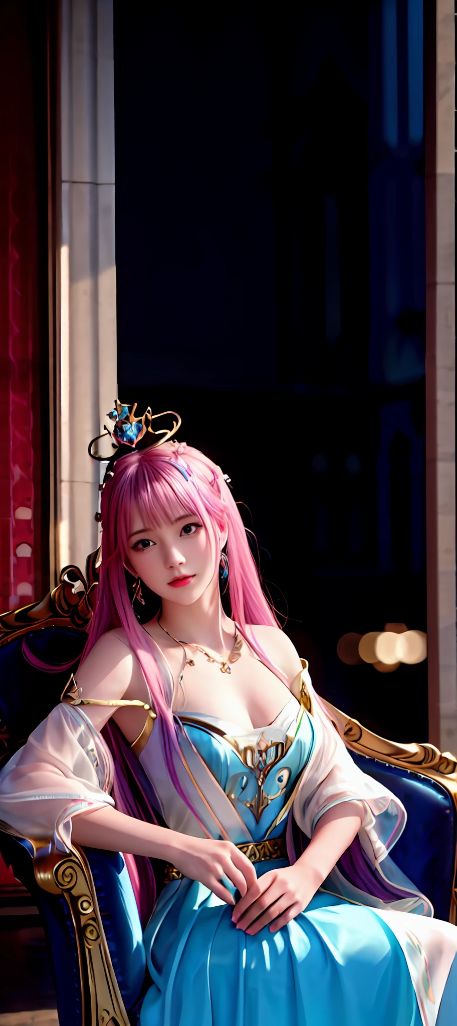 realisticity: 1.2), best quality, masterpiece, highres, super detail, ultra detail, cg, 1girl, queen, weapon, sword, long hair, dress, water, solo, jewelry, yellow dress, wearing a very beautiful dress, wearing a very beautiful crown, earrings, hair ornament, splashing, upper body super realistis, hair bun, blue and pink hair, sitting on a magnificent and beautiful royal throne backgraun super realistis and super detai, ultra detail, lighting,candid, Photograph, high resolution, 8k, 10k, Bokeh,