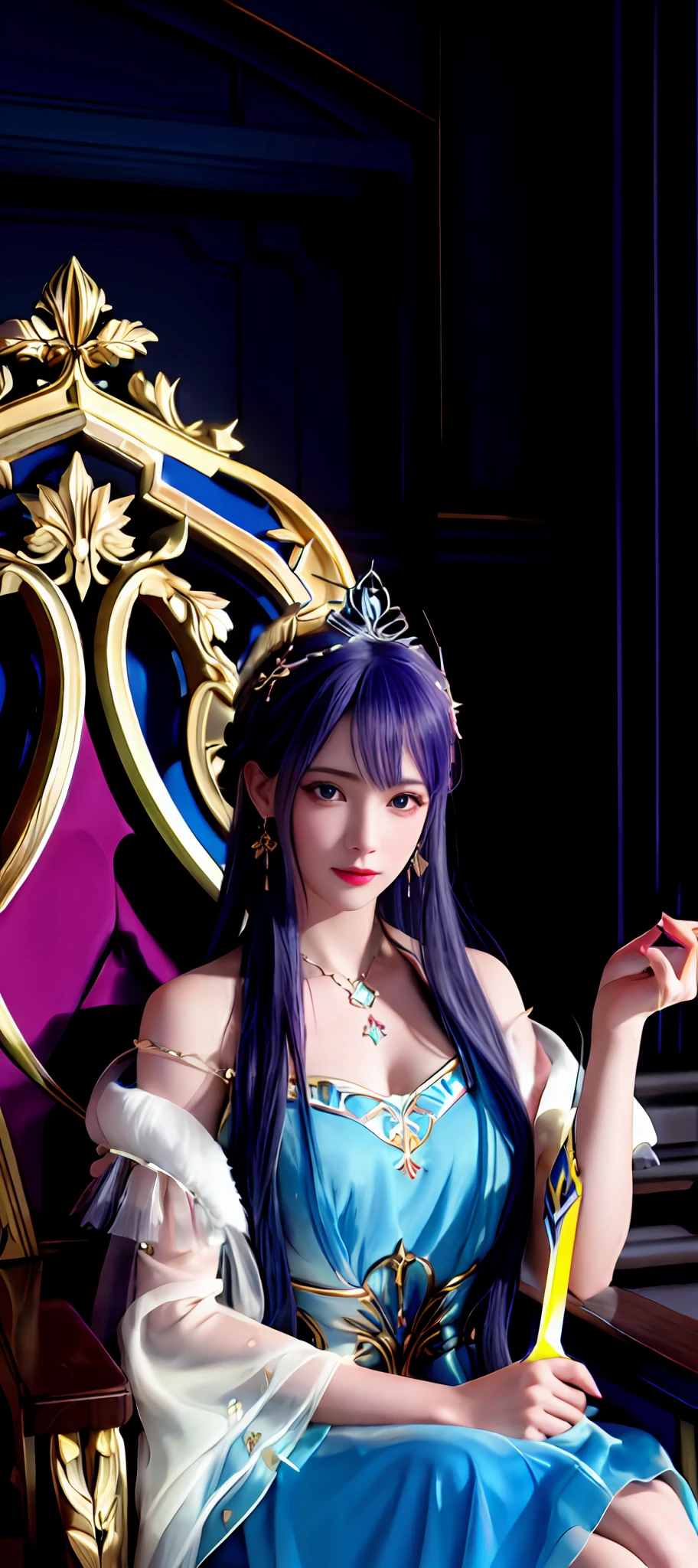 realisticity: 1.2), best quality, masterpiece, highres, super detail, ultra detail, cg, 1girl, queen, weapon, sword, long hair, dress, water, solo, jewelry, yellow dress, wearing a very beautiful dress, wearing a very beautiful crown, earrings, hair ornament, splashing, upper body super realistis, hair bun, blue and pink hair, sitting on a magnificent and beautiful royal throne backgraun super realistis and super detai, ultra detail, lighting,candid, Photograph, high resolution, 8k, 10k, Bokeh,