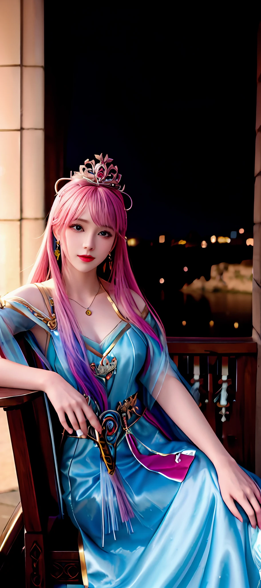 realisticity: 1.2), best quality, masterpiece, highres, super detail, ultra detail, cg, 1girl, queen, weapon, sword, long hair, dress, water, solo, jewelry, yellow dress, wearing a very beautiful dress, wearing a very beautiful crown, earrings, hair ornament, splashing, upper body super realistis, hair bun, blue and pink hair, sitting on a magnificent and beautiful royal throne backgraun super realistis and super detai, ultra detail, lighting,candid, Photograph, high resolution, 8k, 10k, Bokeh,