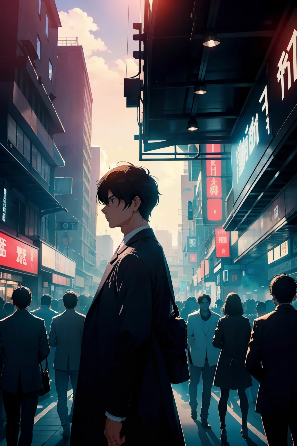 depiction: "The male protagonist in a white shirt standing at the end of the crowd, Light and shadow surrounding"
Mood/Ton: "Contrast in the crowd、Striking presence"
Setting: "Station entrance, with people coming and going"