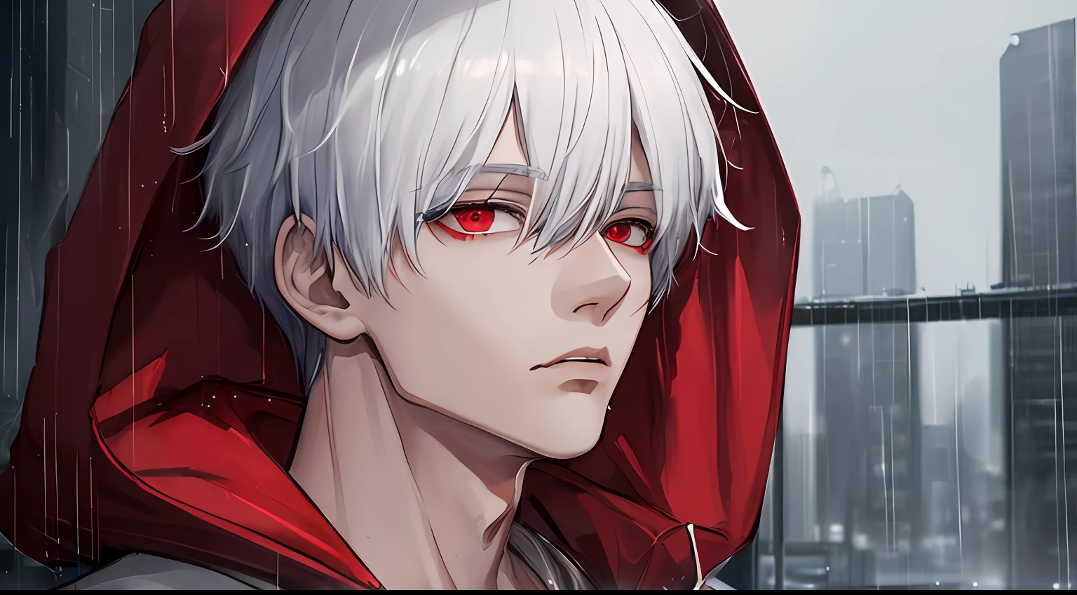 kk, best quality, more details, masterpiece, 1boy, kaneki ken, portrait, male focus, red eyes, solo, bangs, looking at viewer, hood, short hair, rain, tokyo tokyo \(city\), hood up, nail polish, white hair, luxurious, 8k, detailed, ray tracing, depth of field, cinematic lighting,
