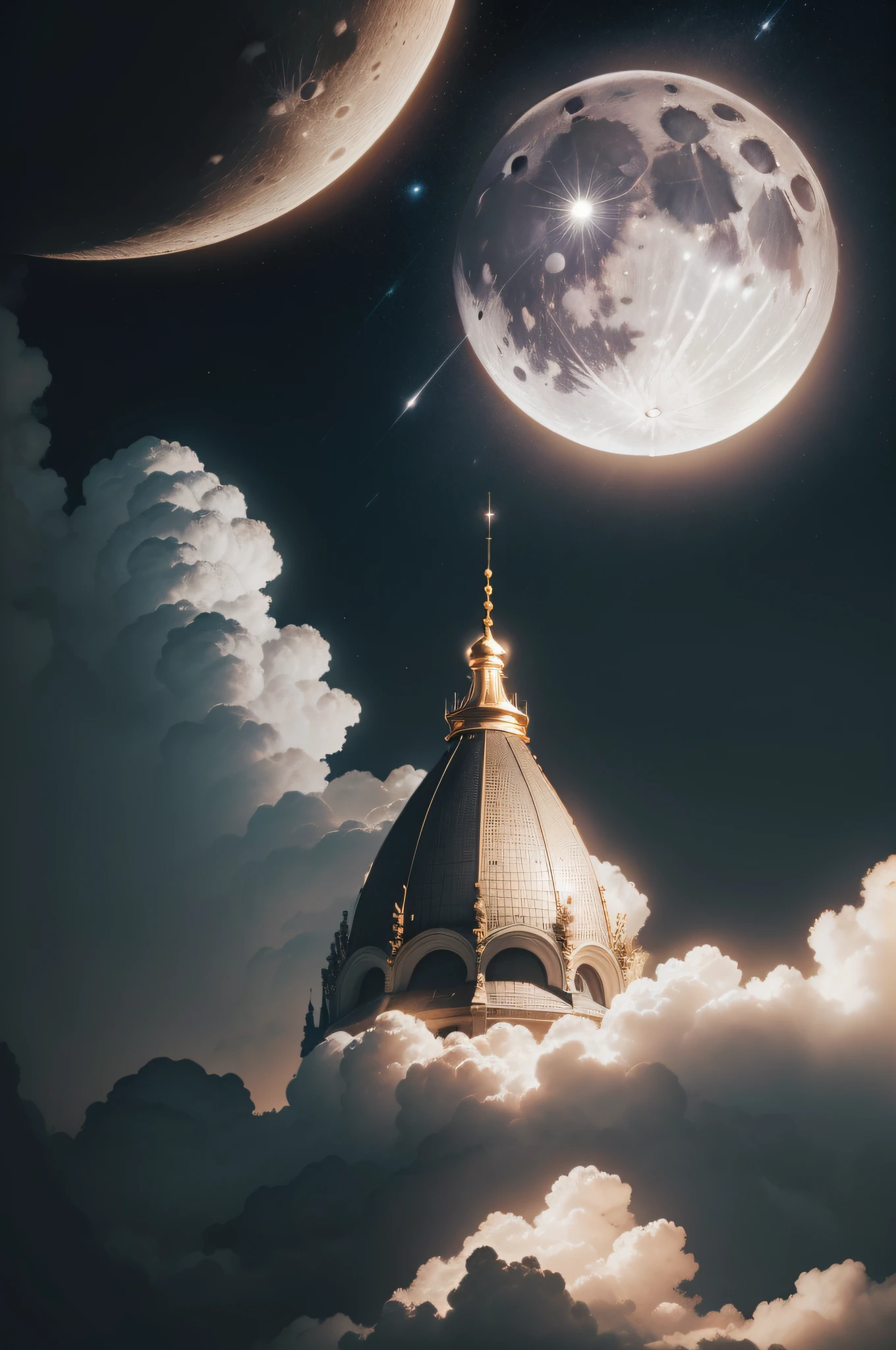 moon, high in the sky at midnight, golden light, grey sky