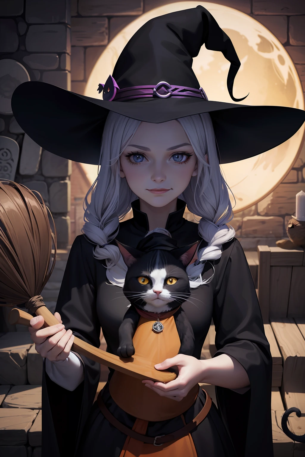 Cartoon image of a witch with a broom and a cat, Middle-aged witch, Grandma Weatherwax, the witch, Witch, the witch, Witch Girl, cat witch, witch woman, scarry but bewitching, evil sorceress witch, dark witch character, dark robed witch, Lady Doubtfire as a witch, Evil Wizard, Portrait of a witch