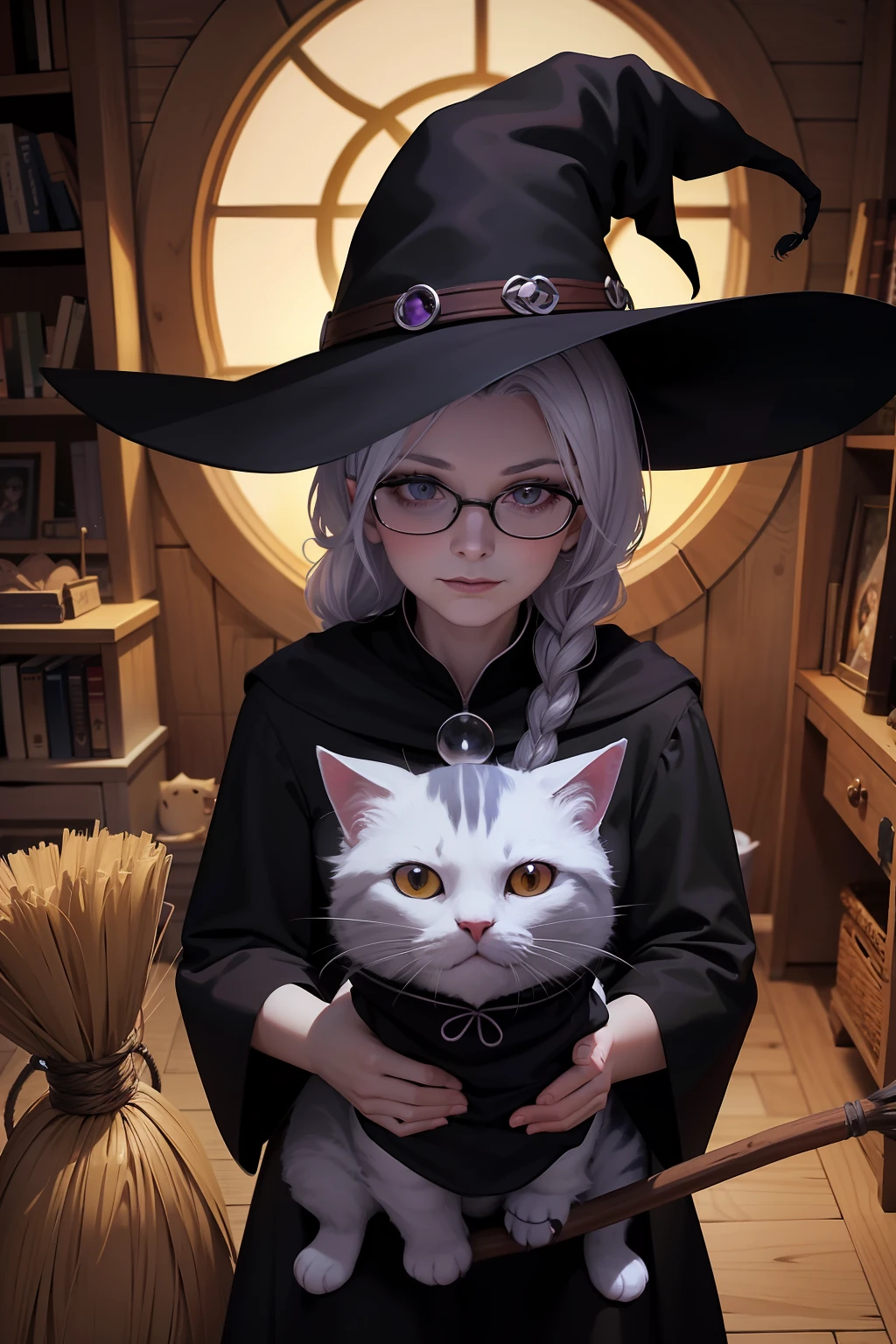 Cartoon image of a witch with a broom and a cat, Middle-aged witch, Grandma Weatherwax, the witch, Witch, the witch, Witch Girl, cat witch, witch woman, scarry but bewitching, evil sorceress witch, dark witch character, dark robed witch, Lady Doubtfire as a witch, Evil Wizard, Portrait of a witch