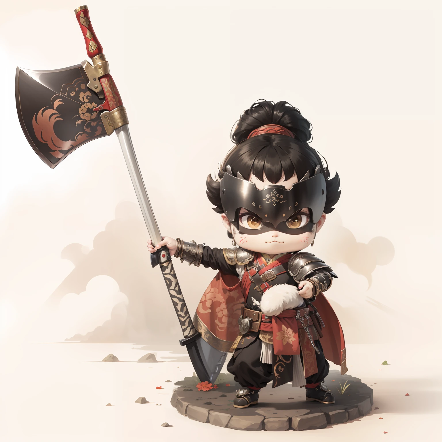 male people,Male characters,tchibi,Bad,Arms,Axe weapons,Ancient Chinese weapons,The handle has a delicate pattern,Shoulder blades,metal breastplate,chainmail,Animal pattern cuirass,chest plate,Bracers,Flowing hem,China-style,Chinese-style clothing,Chinese shoes,There are beautiful patterns on the weapon grips,Refinement,Fine painting,Refinement,infinite details,high definition detail,Patterned,Pattern,Blank background,Bright colors,Metal edging