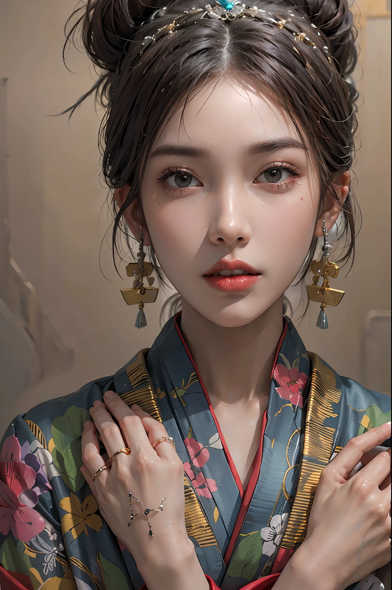 photorealistic, high resolution, 1women, solo, hips up, look at viewer, (detailed face), kimono, tattoo, jewelry