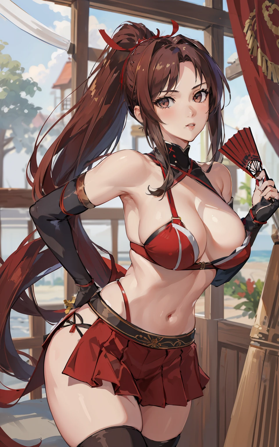 masterpiece, best quality, (realistic, 1girl, solo, beautiful face, detailed face, beautiful eyes), (breasts), thighs, long hair, ponytail, breasts contains, red, shinobi, ninja, bare shoulder, elbow gloves, skirt curtain, hand fan, fans