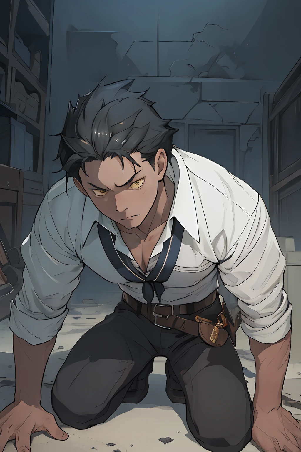 tmasterpiece, best qualityer, illustratio, Close attention to facial details, Exquisite movie lighting, (1 male character), A high resolution, tack sharp focus, Natsuki Subaru style, Intricate and fine details, Describes men kneeling all over the body, Scenes of defeat and wounding, A pleading and decadent expression, Exhaustion, Glowing yellow eyes, blue short hair, in a white shirt, Wear a tie and belt, perspire, View from below。