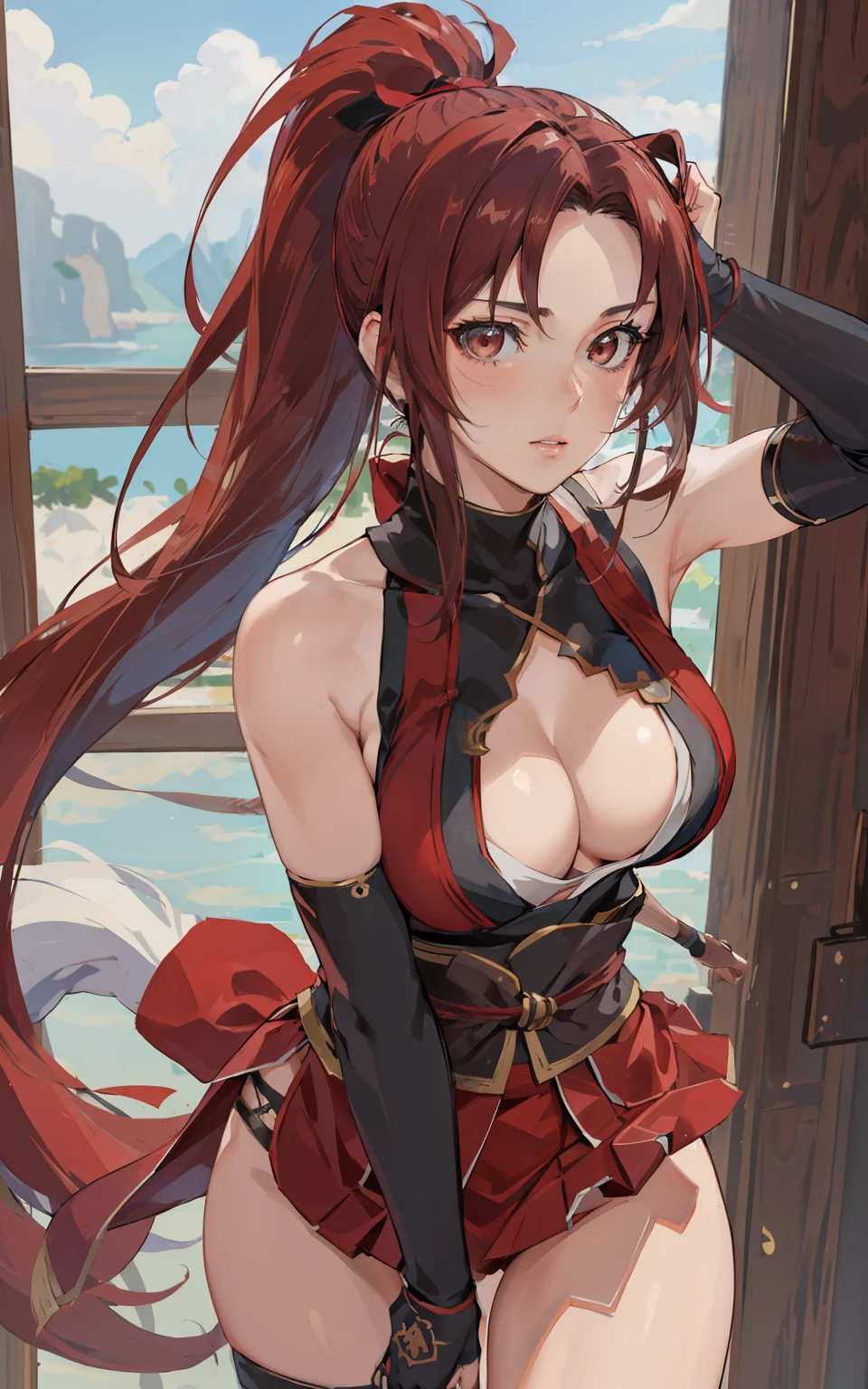 masterpiece, best quality, (realistic, 1girl, solo, beautiful face, detailed face, beautiful eyes), (breasts), thighs, long hair,  ponytail, breasts contains, red, shinobi, ninja, bare shoulder, elbow gloves, skirt curtain, hand fan, fans