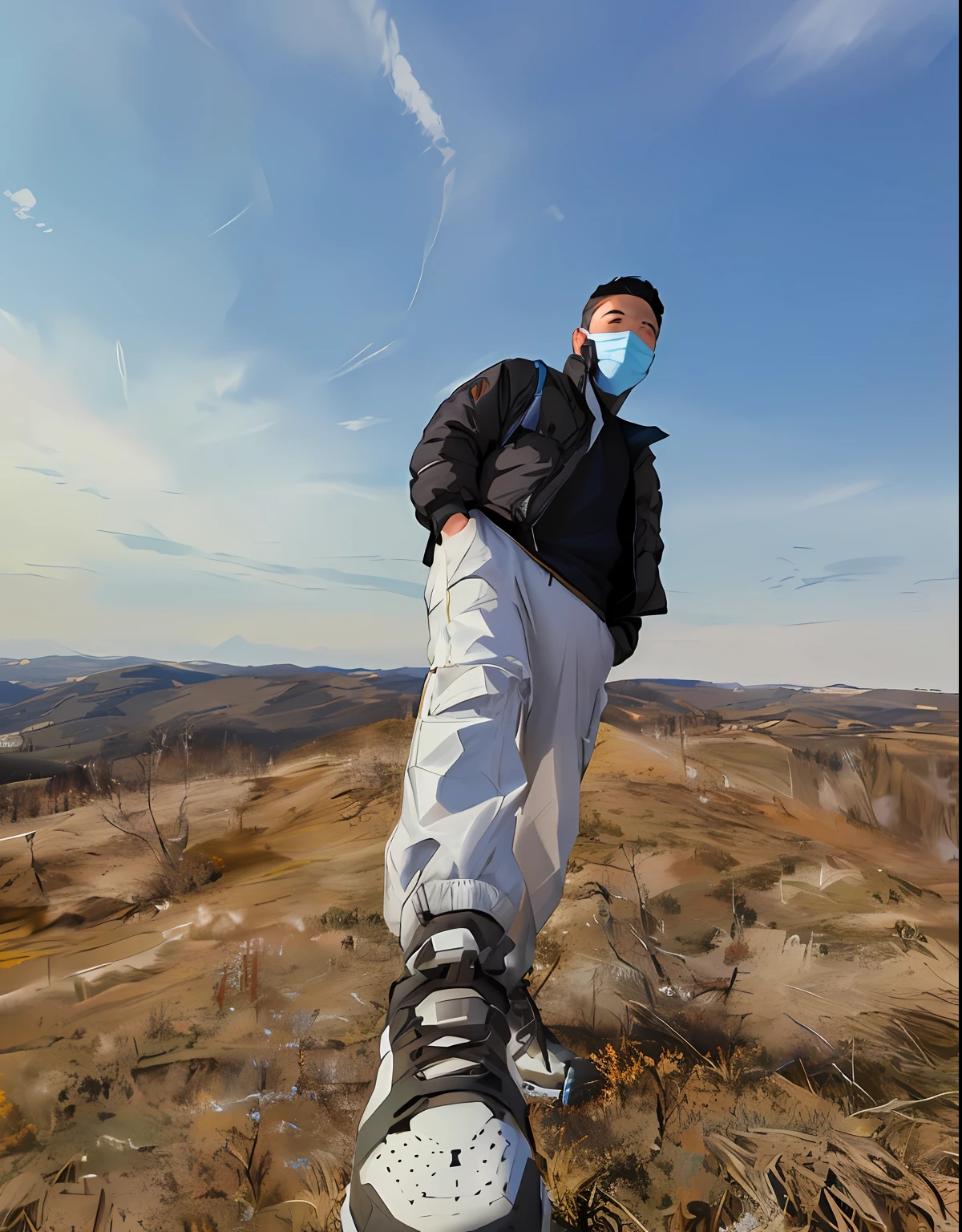 Man standing on a hill wearing a mask, standing on a hill, standing atop a mountain peak,Black down jacket,outside,blue-sky,baiyun,Hand pockets
