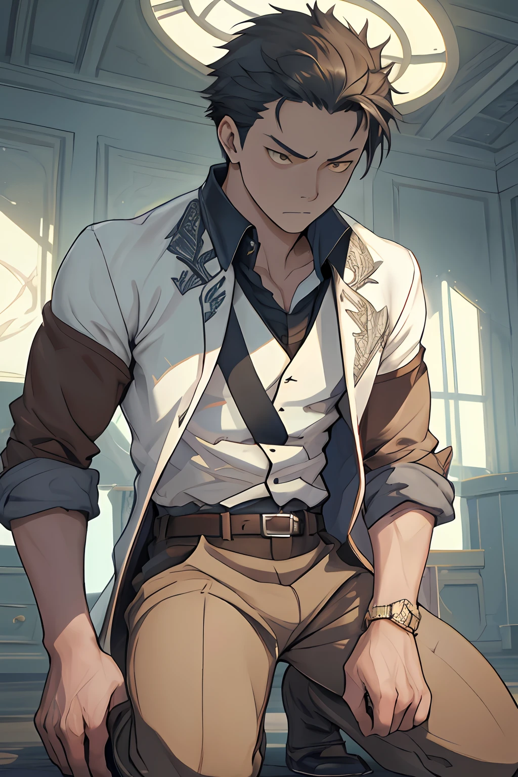 tmasterpiece, best qualityer, illustratio, Close attention to facial details, Exquisite movie lighting, (1 male character), A high resolution, tack sharp focus, Natsuki Subaru style, Intricate and fine details, Describes men kneeling all over the body, Scenes of defeat and wounding, A pleading and decadent expression, Exhaustion, Glowing yellow eyes, blue short hair, in a white shirt, Wear a tie and belt, perspire, View from below。