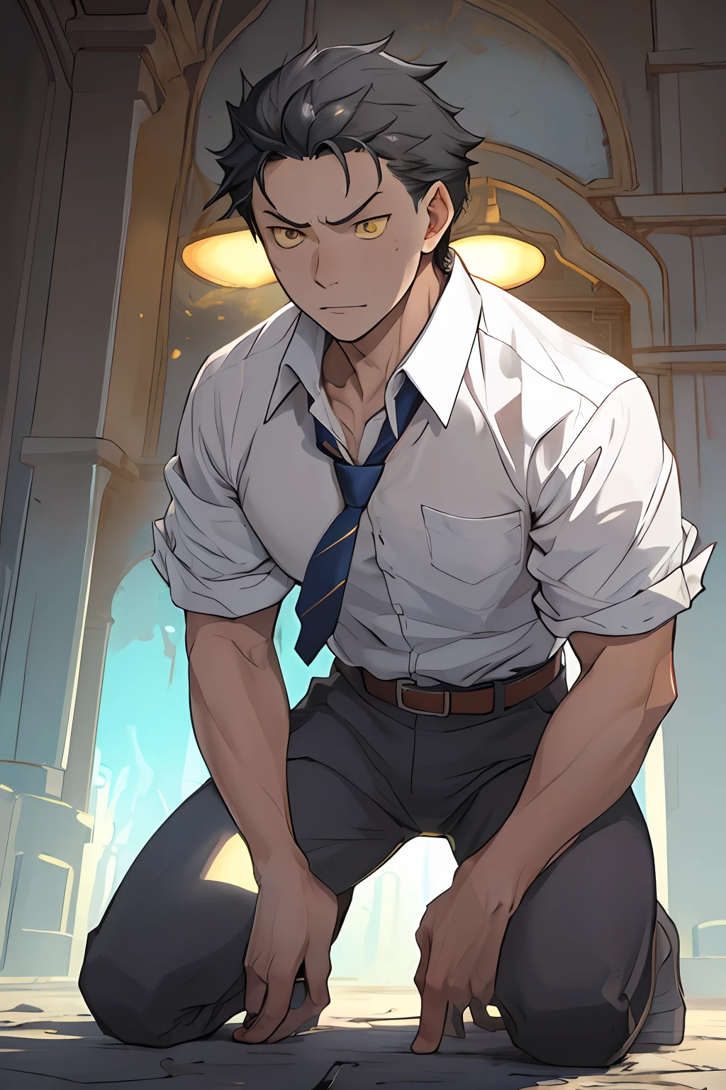 tmasterpiece, best qualityer, illustratio, Close attention to facial details, Exquisite movie lighting, (1 male character), A high resolution, tack sharp focus, Natsuki Subaru style, Intricate and fine details, Describes men kneeling all over the body, Scenes of defeat and wounding, A pleading and decadent expression, Exhaustion, Glowing yellow eyes, blue short hair, in a white shirt, Wear a tie and belt, perspire, View from below。