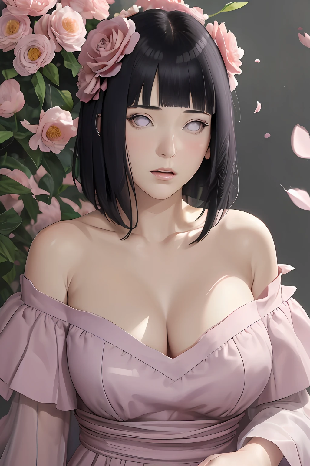 masterpiece, absurdres, hinata\(boruto\), 1girl, solo,mature female, off shoulder floral dress, looking at viewer, (falling petals), perfect composition, detailed lips, big breast, beautiful face, body propotion, blush, (pink lips), long hair, purple eyes, soft gaze, super realistic, detailed, photoshoot, realistic face and body