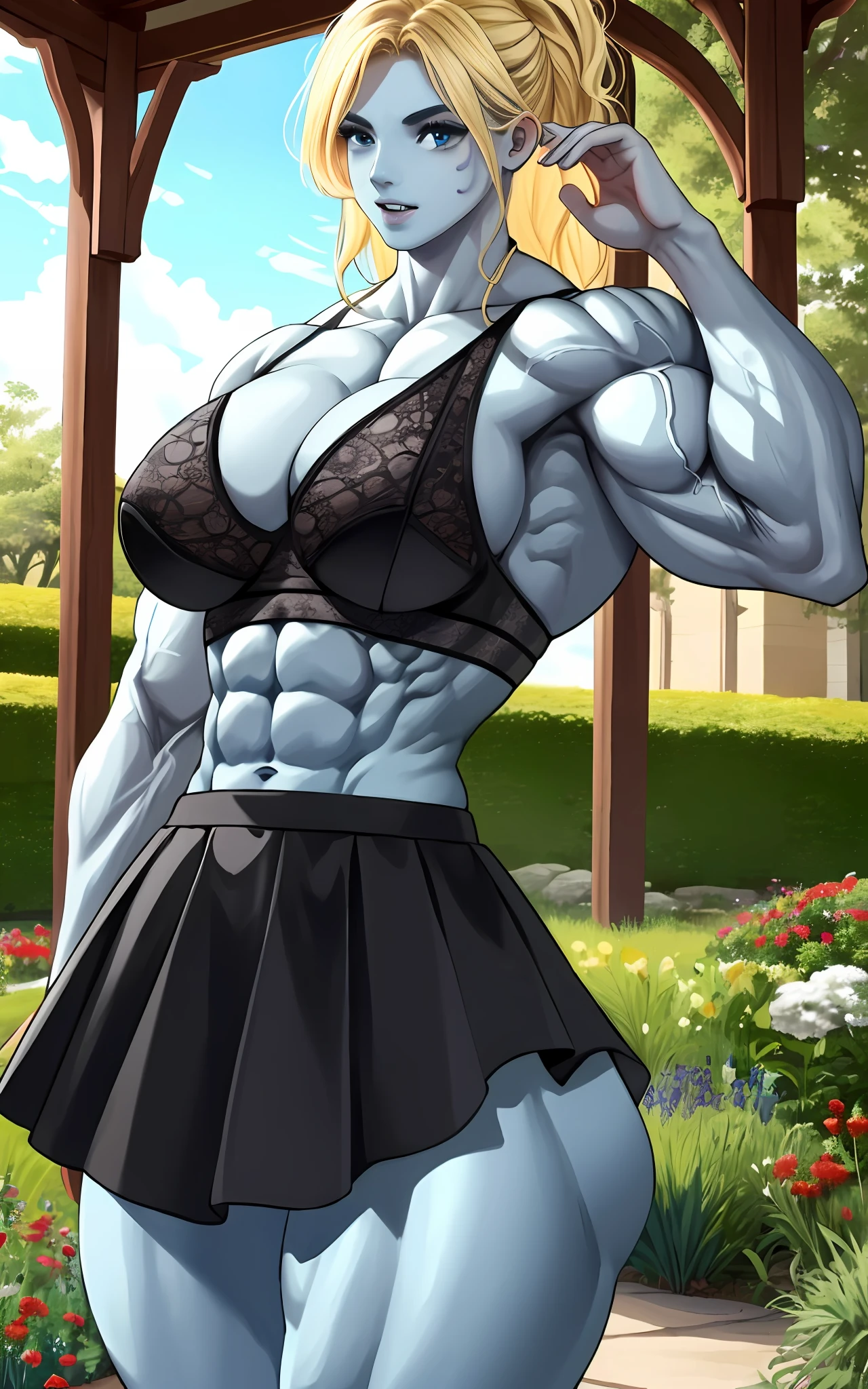 (1girll), huge tit, Breasts, Conque, Moisturizes skin, ,trpical garden , Black lace crop top,White high-waisted midi skirt, s girl,realistic illumination,top Quority,8K,tmasterpiece,Muscular female,Muscular,Abs,(Blonde hair), (Blue skin:1.4),