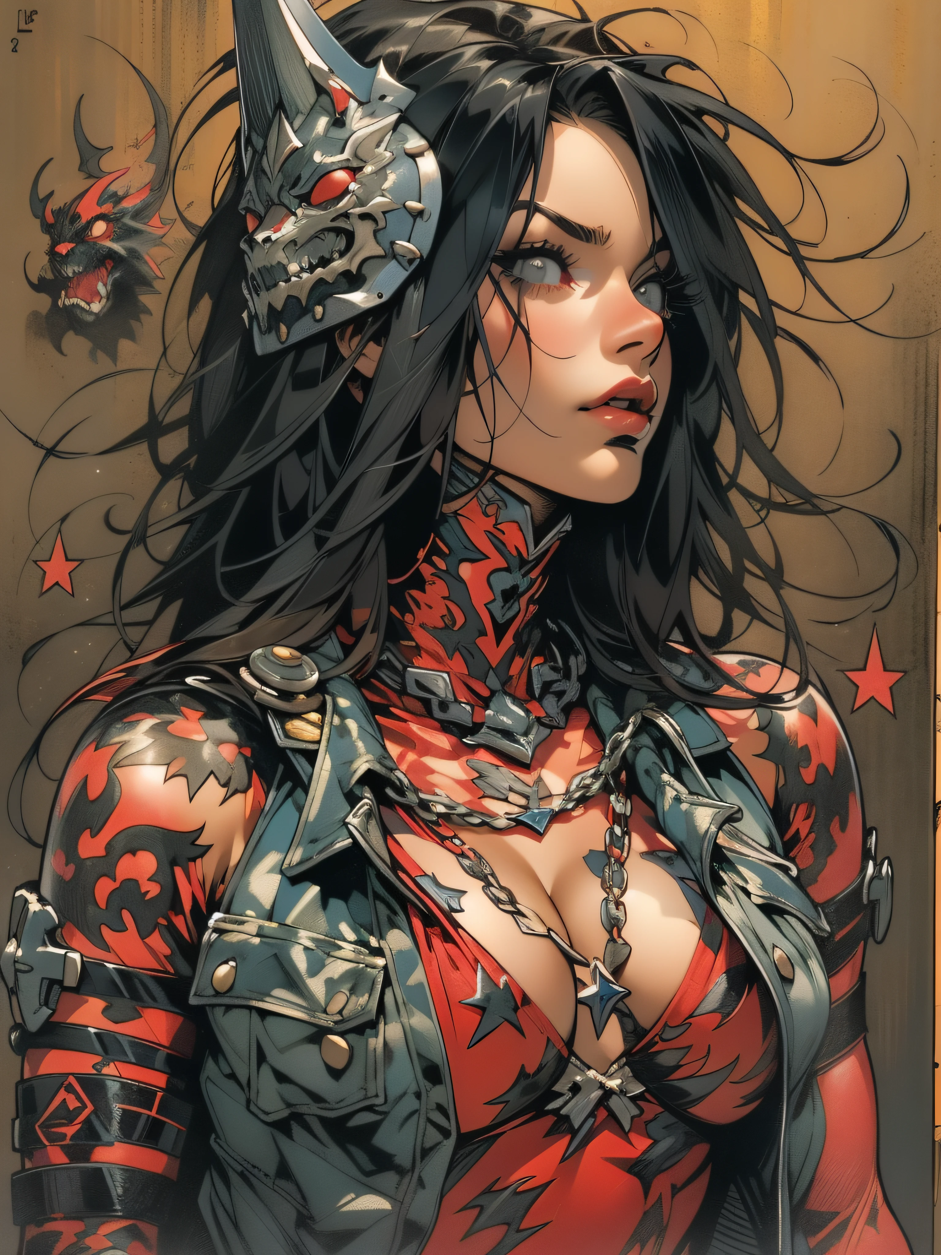 (((mulher))), (((melhor qualidade))), (((obra prima))), (((adulta))), Uma guerreira mulher de 35 anos com corpo perfeito, She-Lobo, micro saia, (( under boobs )), quase nua no estilo selvagem urbano de Simon Bisley para a capa da revista Heavy Metal, cabelo loiro, Minimum clothing, armadura (vermelho escuro com estrelas brancas), cheio de pontas e rebites manchadas de tinta, tatuagem de estrelas de 5 pontas, (((corpo inteiro))), cabelo preto curto com franja branca cobrindo a testa