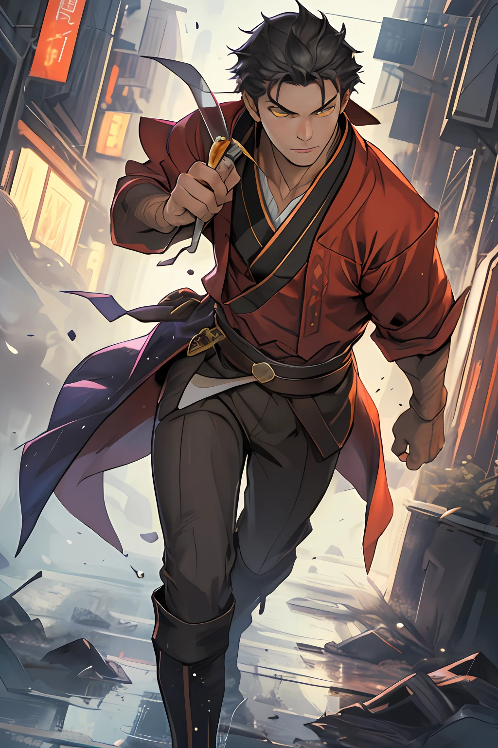 tmasterpiece,best qualityer,Realistic illustration,detail in face,offcial art,Movie lighting,1 handsome masculine man,The whole body is dressed in a cocktail position,obi strip,Gaiters,cloaks,Wet the whole body,Solo,musculature,short detailed hair,Yellow eyes,look from down