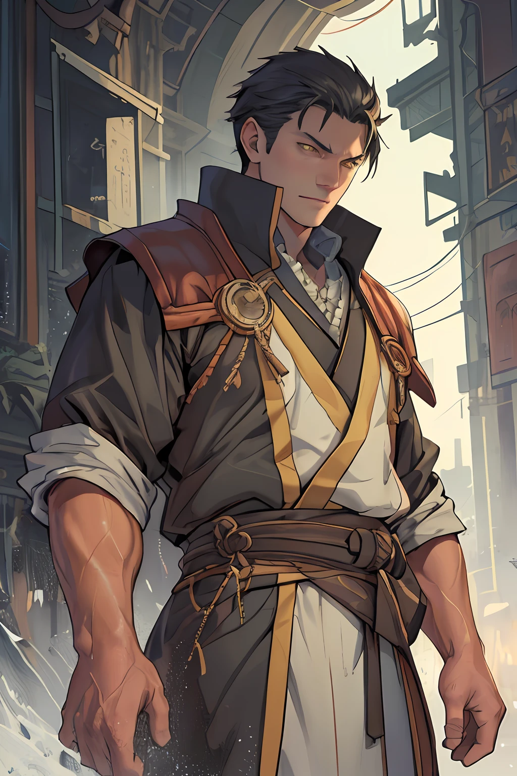 tmasterpiece，best qualityer，Realistic illustration，detail in face，offcial art，Movie lighting，1 handsome masculine man，The whole body is dressed in a cocktail position，obi ?????，Gaiters，cloaks，Wet the whole body，Solo，musculature，short detailed hair，Yellow eyes，look from down
