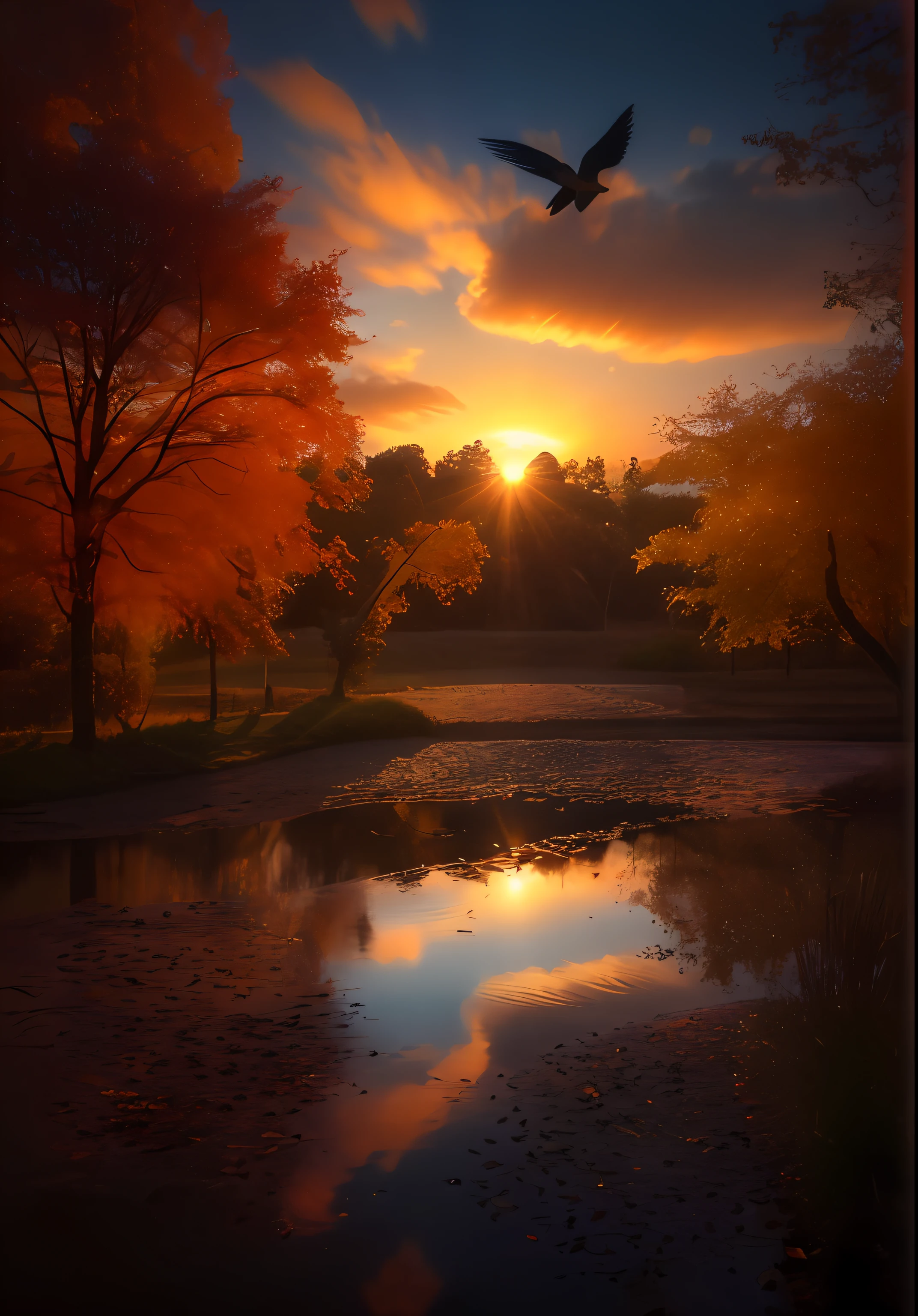 Arafard image of birds flying over ponds in autumn, autumn sunset, warm beautiful scene, at sunset in autumn, autumn tranquility, autumn sunrise warm light, autumn sunlights, Autumn light colors, soft autumn sunlight, autumn light, Autumn lights, stunning light reflections, sunset with falling leaves, glowing reflections, Dramatic reddish light, big breasts enchanting