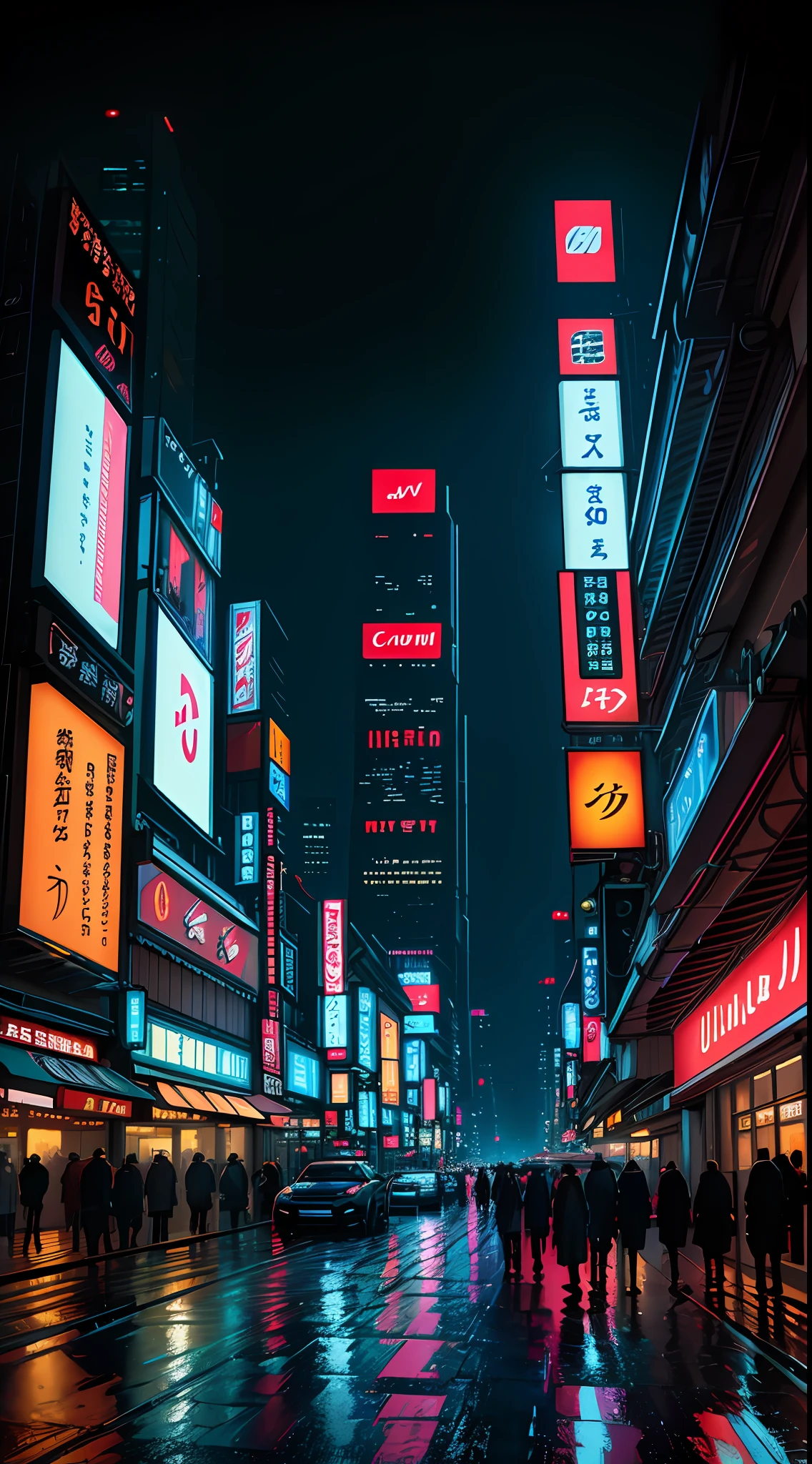 ((best quality)), ((masterpiece)), ((ultra realistic)), ((night time)), majestically detailed soft oil painting by jim lee, beautiful neon cyberpunk Tokyo, reflections, raining, crowded scifi city street, futuristic cars, night time, metallic, neon edge lighting, people, umbrellas, professional, skyscrapers, deep shadows, masterpiece, realistic, roughness, ultra realistic, photographed on a Canon EOS R5, 50mm lens, F/2.8, HDR, 8k resolution, highres, high detail, sharp focus, smooth, roughness, real life, photorealism, photography, 8k uhd,