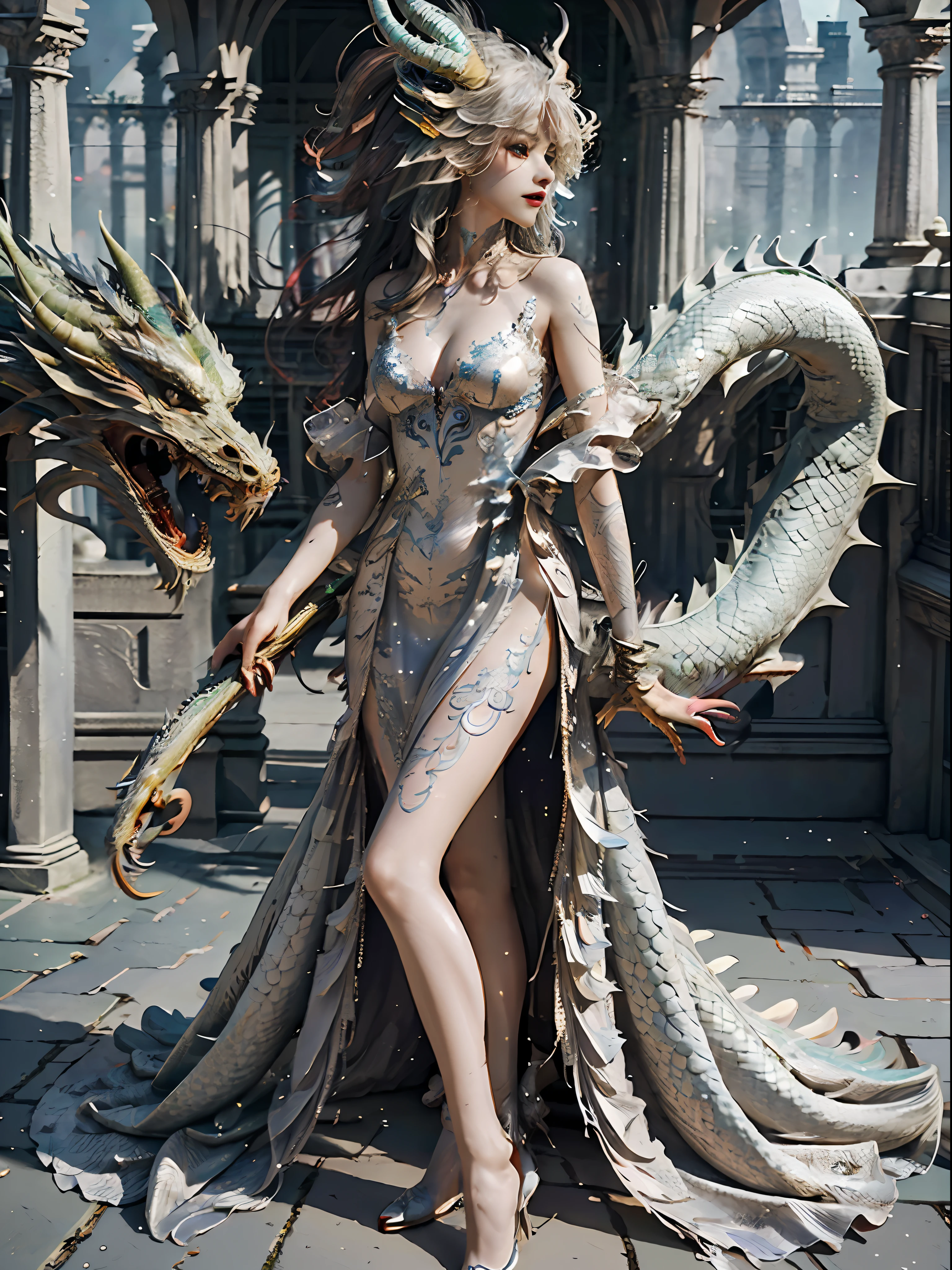 dragon_real,(extremely detailed CG unity 8k wallpaper,masterpiece, best quality, ultra-detailed, beautiful detailed eyes:1.2),best illumination, (best shadow, an extremely delicate and beautiful, bloom),the girl was surrounded by dragons, (1girl:1.4),breasts, solo,full body,Back tattoo,white dress,(color dragon:1.4),Bare leg,long dress,