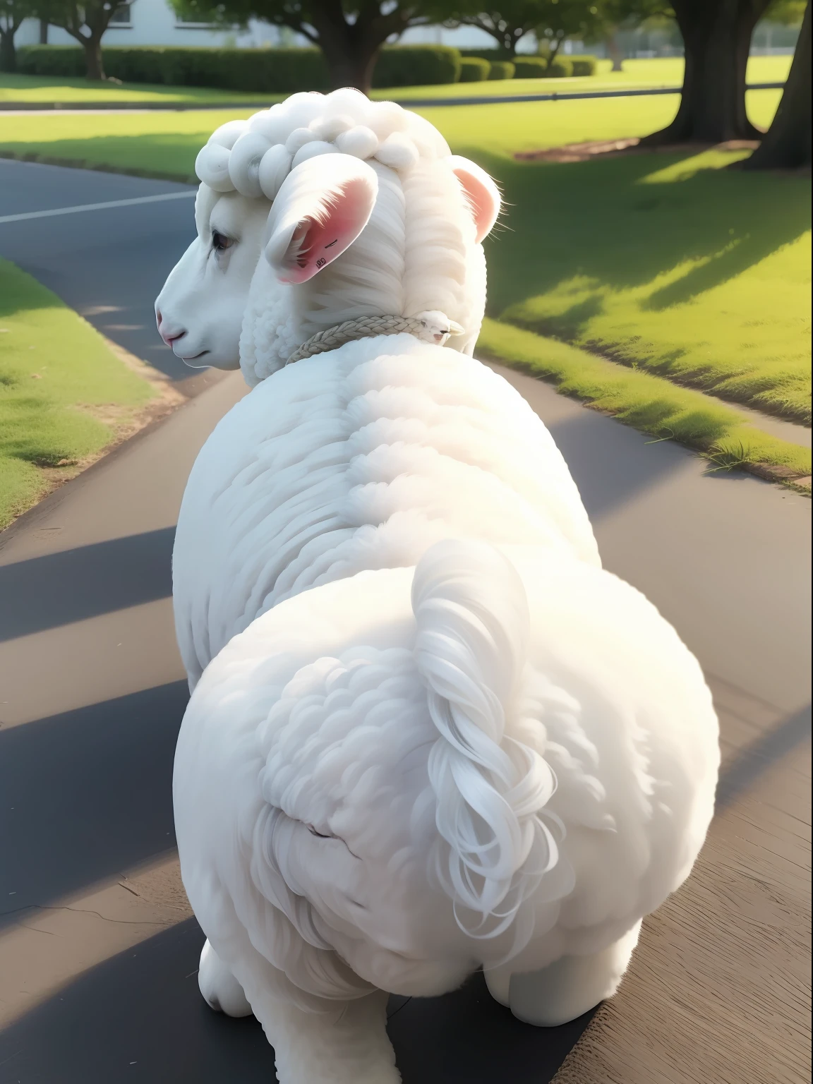 Leaping white lamb、Watching from behind,