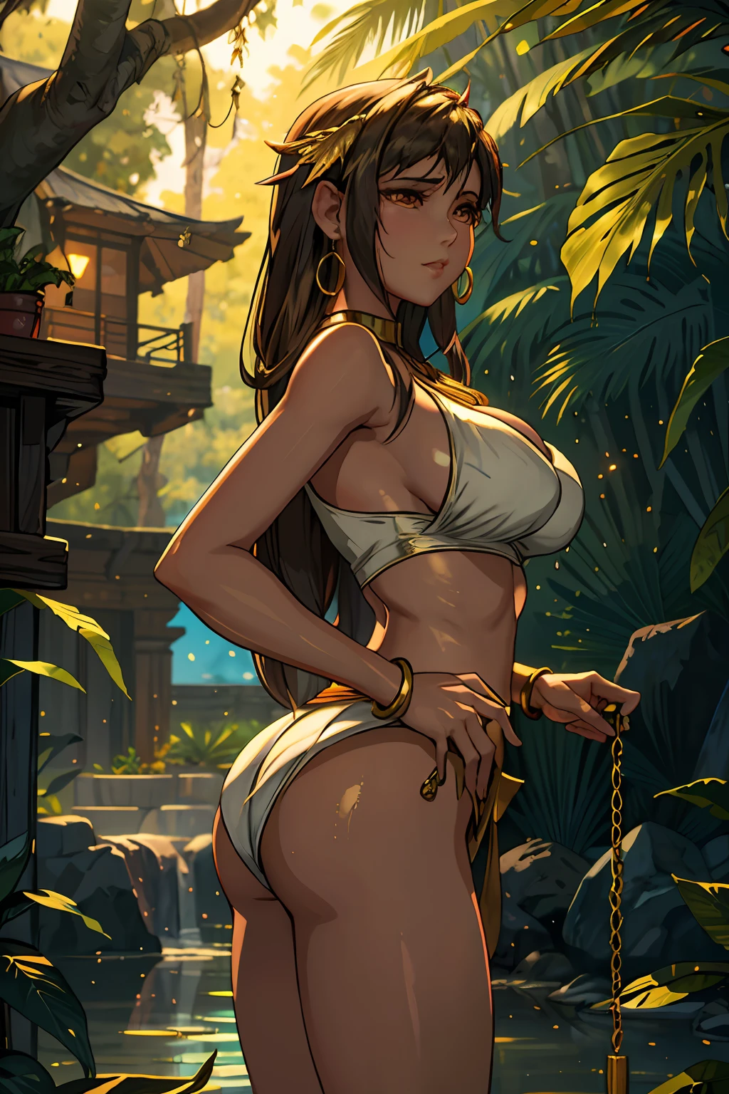 a Burmese young beautiful girl showering with cup, half long straight hair, low side view, 1 girl, big butt, big breast, wearing wet towel, looking the viewer, shamelessly face, half low eyes, wearing gold earrings, gold necklace, gold hand chain, nice tits, lighting through tree's leaves,