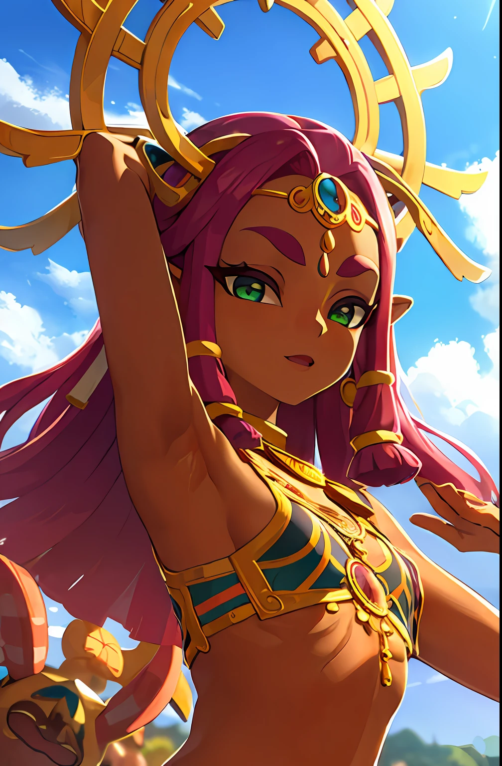 1z_riju \ (totk \), 1girl, solo, pechos, joyas, armpits, handsonhead, sexy