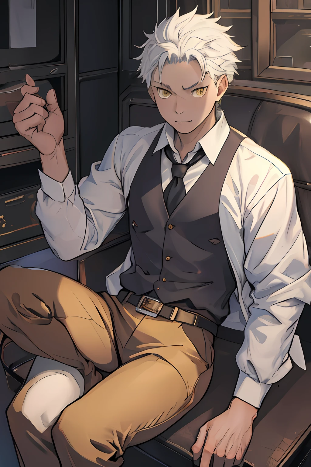 (1 adult male)A high resolution,tack sharp focus,Pixiv masterpiece,(Complicated details),highly detailed,natsuki_subaru,1 man,with her mouth open,full bodyesbian,sit astride,Yellow eyes(eyes glowing),with short white hair,white shirt,Wear a tie,Wear a belt,perspire,look from down