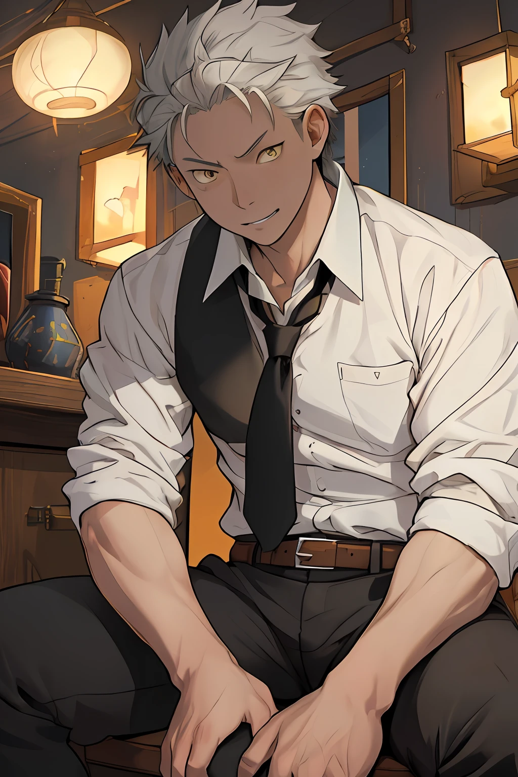 (1 adult male)A high resolution,tack sharp focus,Pixiv masterpiece,(Complicated details),highly detailed,natsuki_subaru,1 man,with her mouth open,full bodyesbian,sit astride,Yellow eyes(eyes glowing),with short white hair,white shirt,Wear a tie,Wear a belt,perspire,look from down