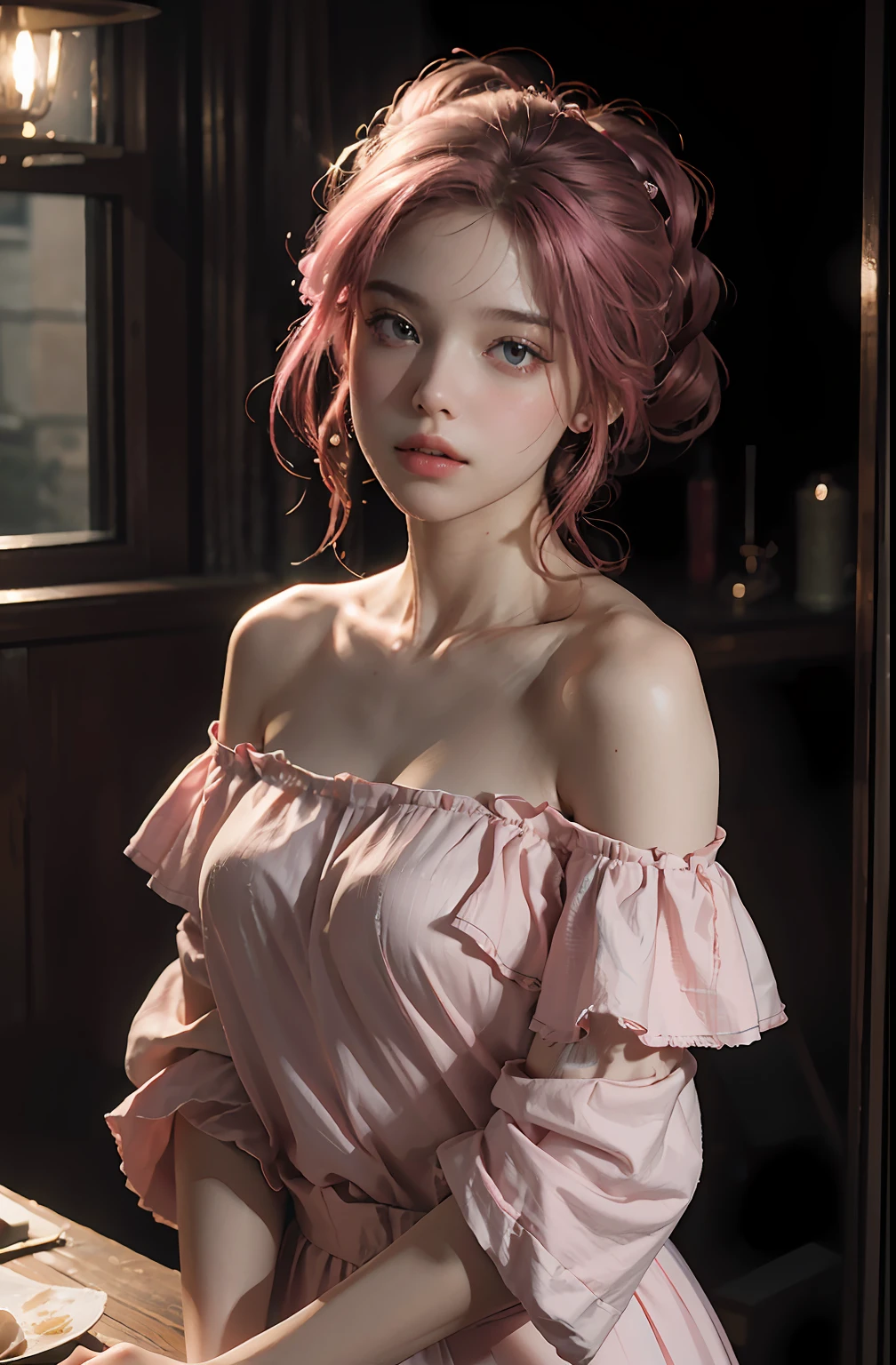 Best Quality, Masterpiece, Ultra High Resolution, (Realisticity: 1.4), Original Photo, 1girl, Pink Off-the-Shoulder, Cinematic Lighting